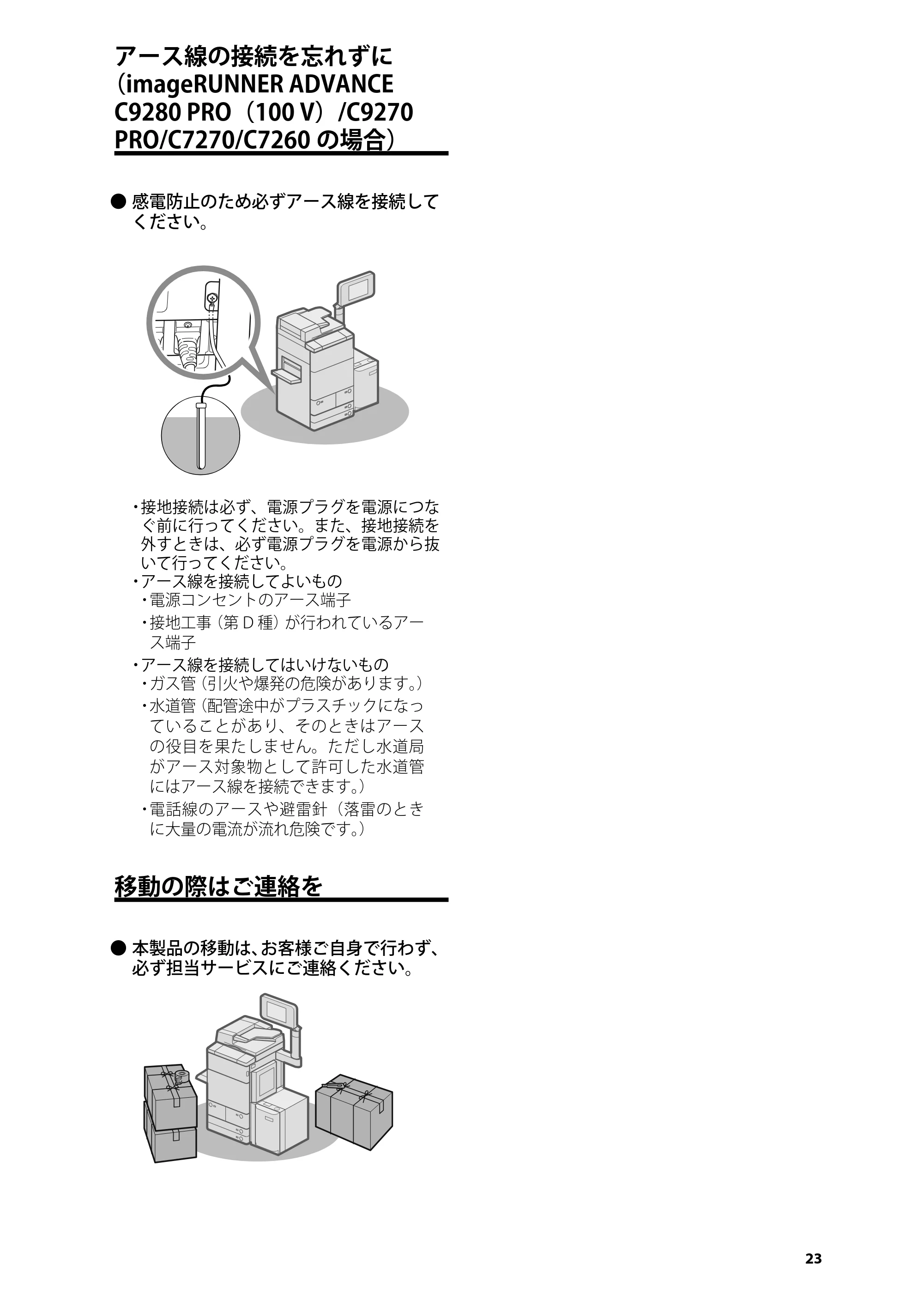 キヤノン C7270/C7260 オンラインマニュアル はじめにお読みください 2014年11月5日更新（PDF：2.61MB） — アース線の接続を忘れずに（imageRUNNER ADVANCE C9280 PRO（100 V）/C9270 PRO/C7270/C7260の場合） — 原本ページ — 25ページ