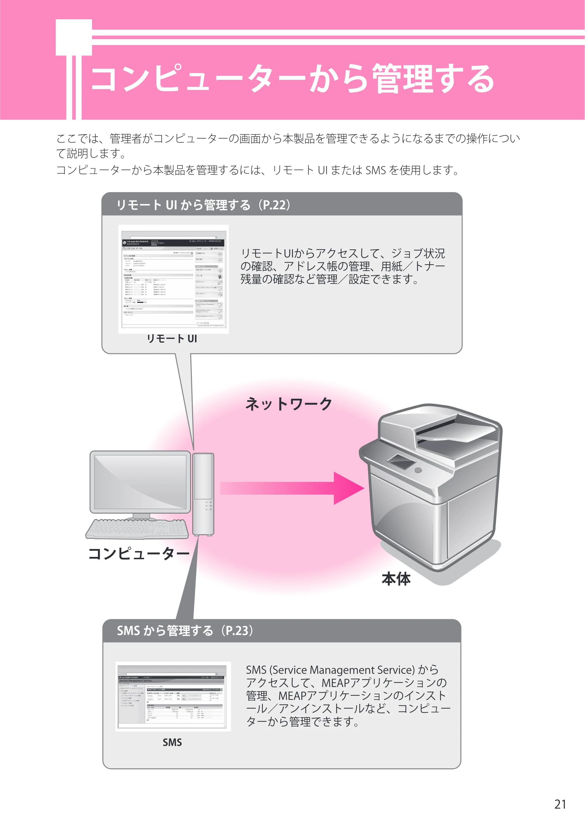 キヤノン imageRUNNER ADVANCE 6275/6265/6265-R/6255 セットアップガイド 2015年1月22日更新（PDF：6.88MB） — コンピューターから管理する — 原本ページ — 21ページ