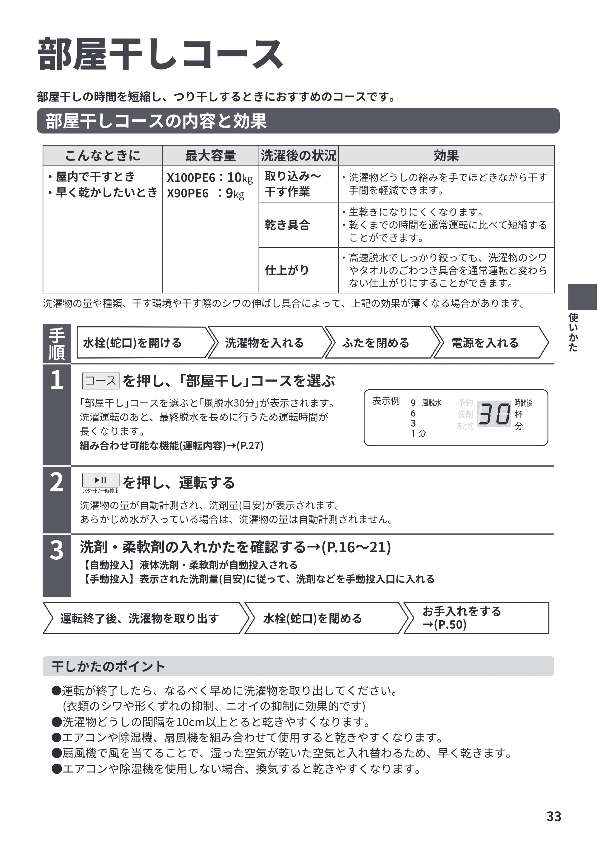 日立 BW-X100PE6 / BW-X90PE6 取扱説明書 — 部屋干しコース — 原本ページ — 33ページ