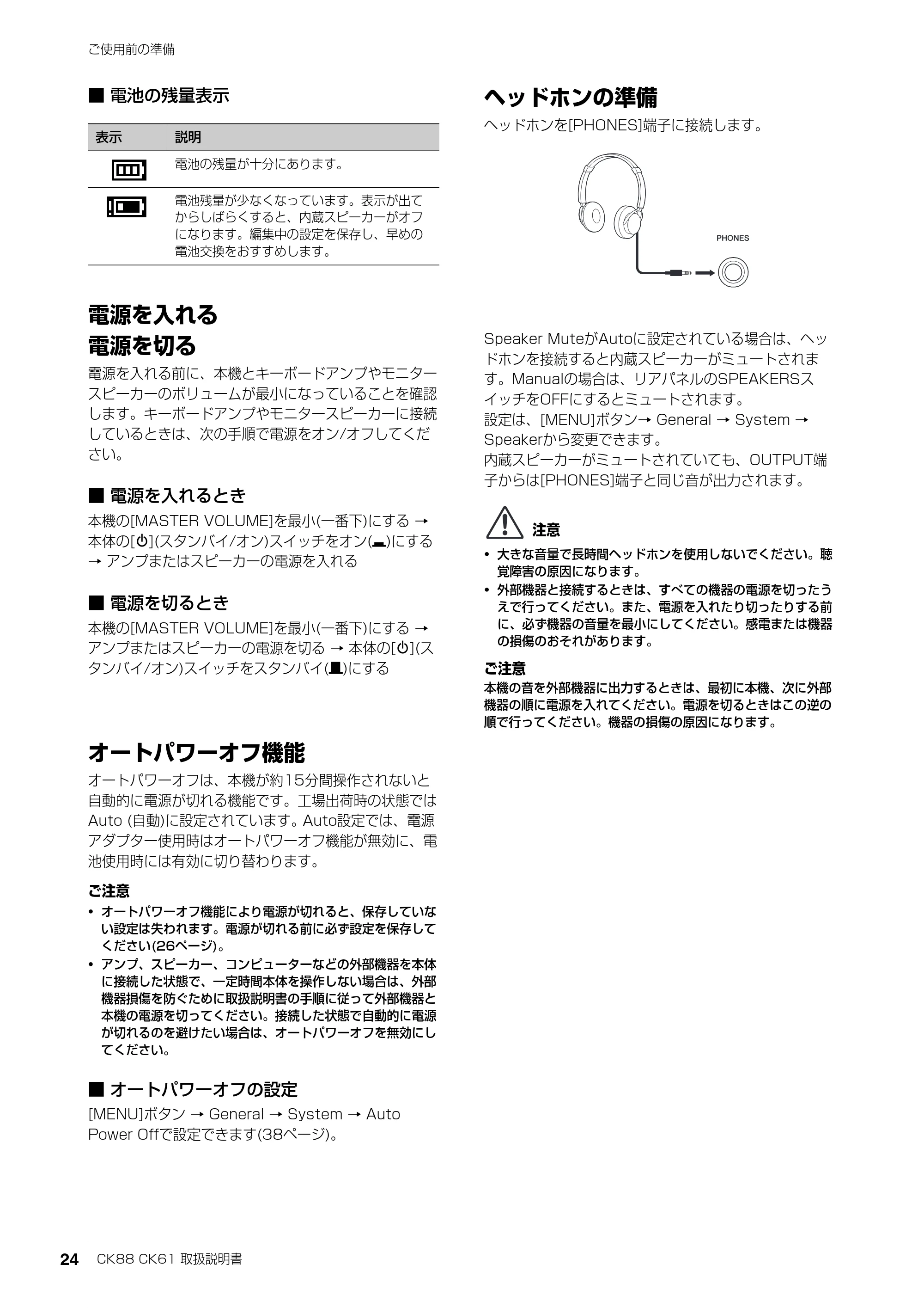ヤマハ CK88 / CK61 CK88 CK61 取扱説明書 — 電源を入れる — 原本ページ — 24ページ