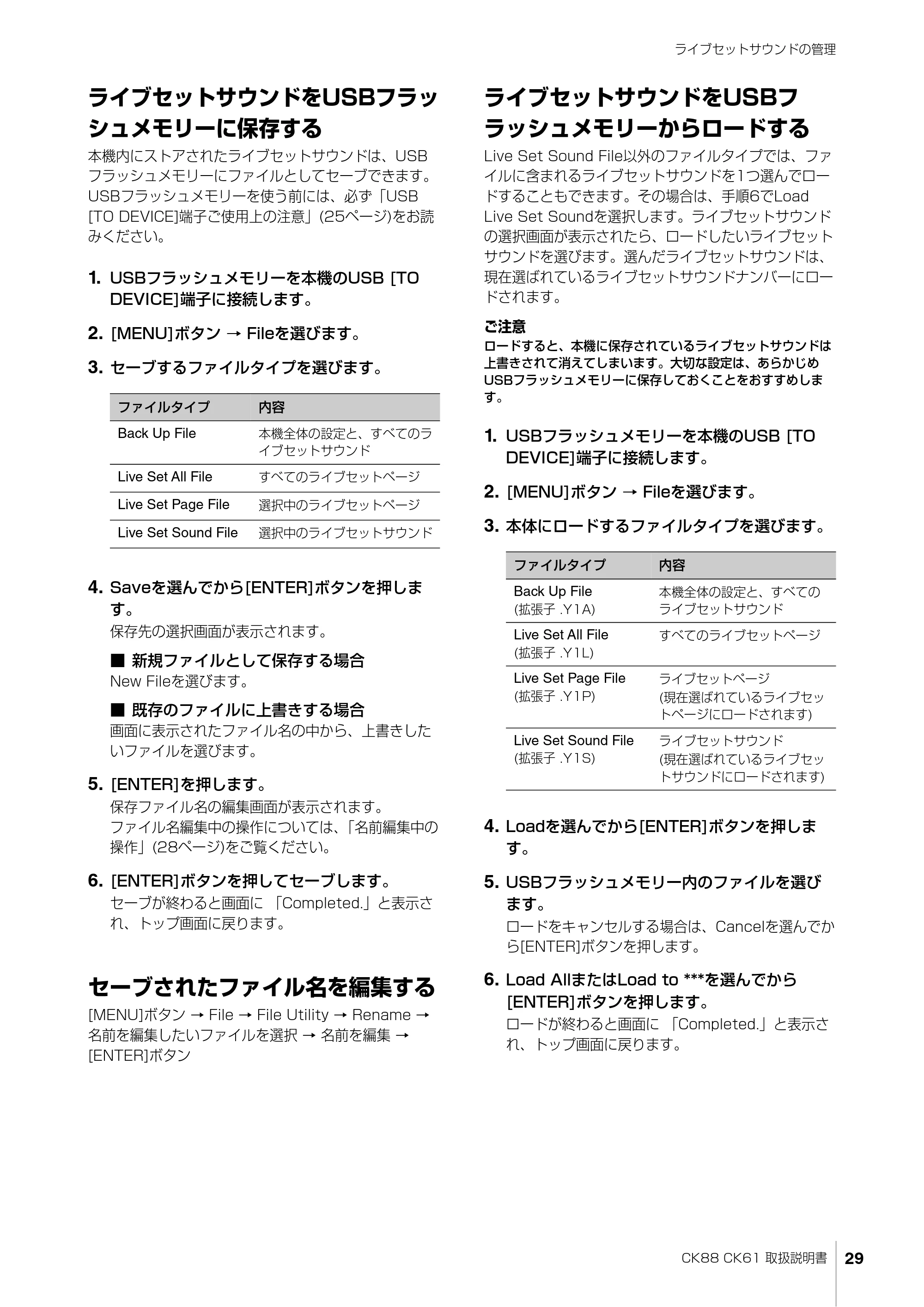 ヤマハ CK88 / CK61 CK88 CK61 取扱説明書 — ライブセットサウンドをUSBフラッ シュメモリーに保存する — 原本ページ — 29ページ