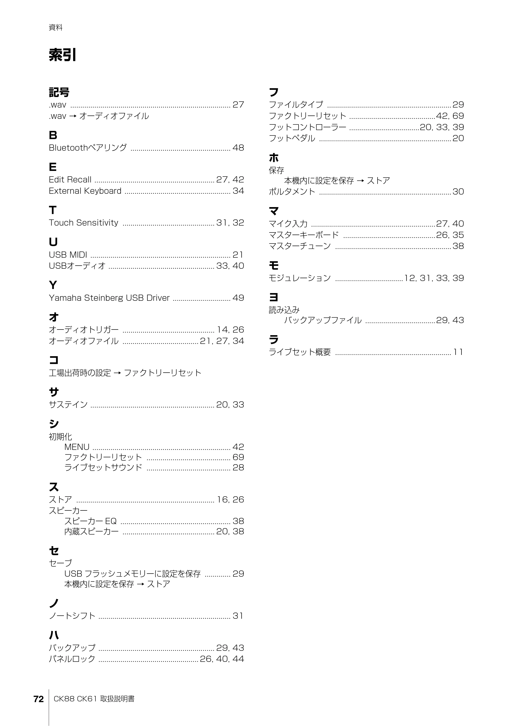 ヤマハ CK88 / CK61 CK88 CK61 取扱説明書 — 索引 — 原本ページ — 72ページ