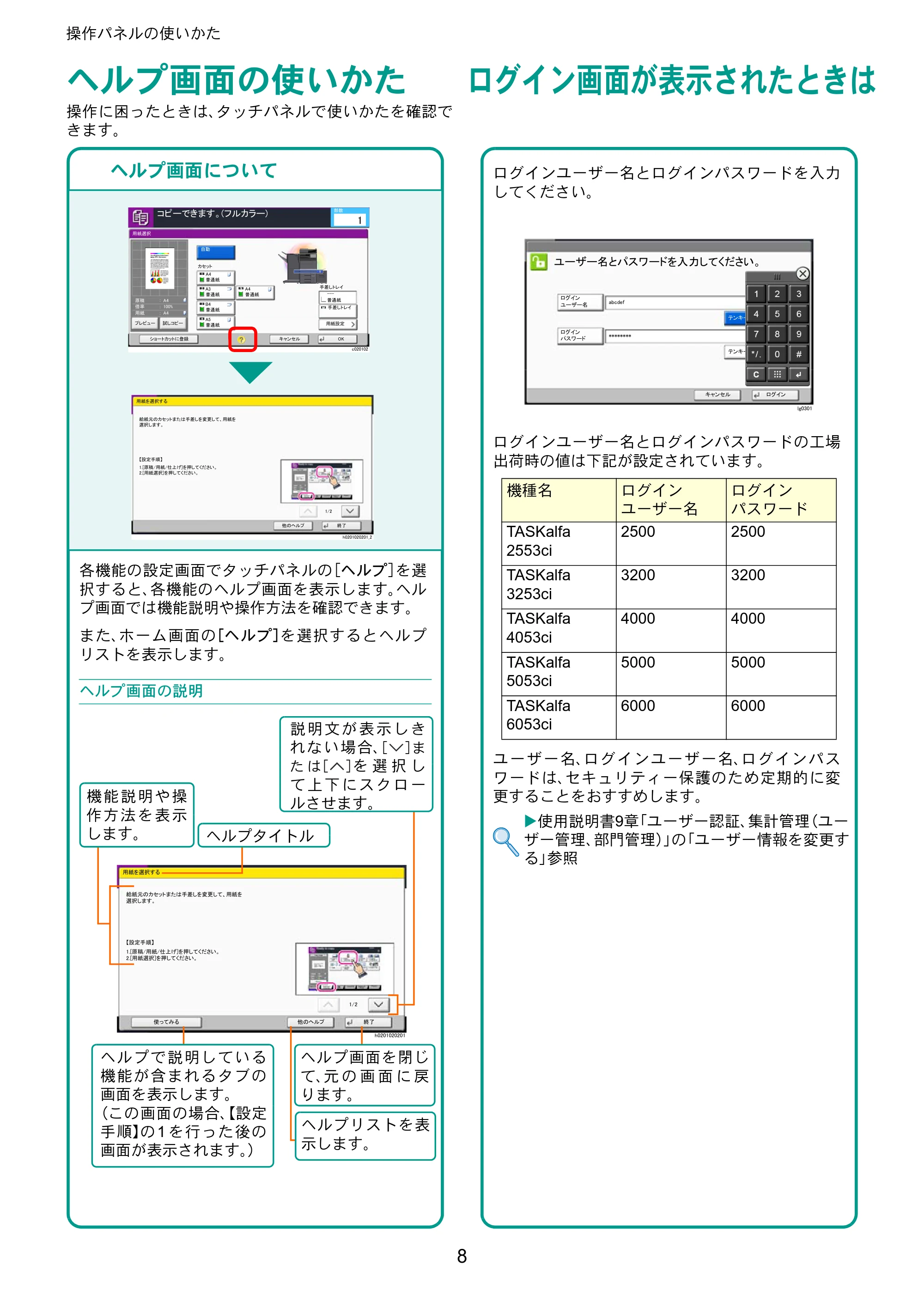 京セラ TASKalfa 2553ci / TASKalfa 3253ci / TASKalfa 4053ci TASKalfa 6053ci/5053ci/4053ci/3253ci/2553ci クイックガイド — ヘルプ画面の使いかた — 原本ページ — 8ページ