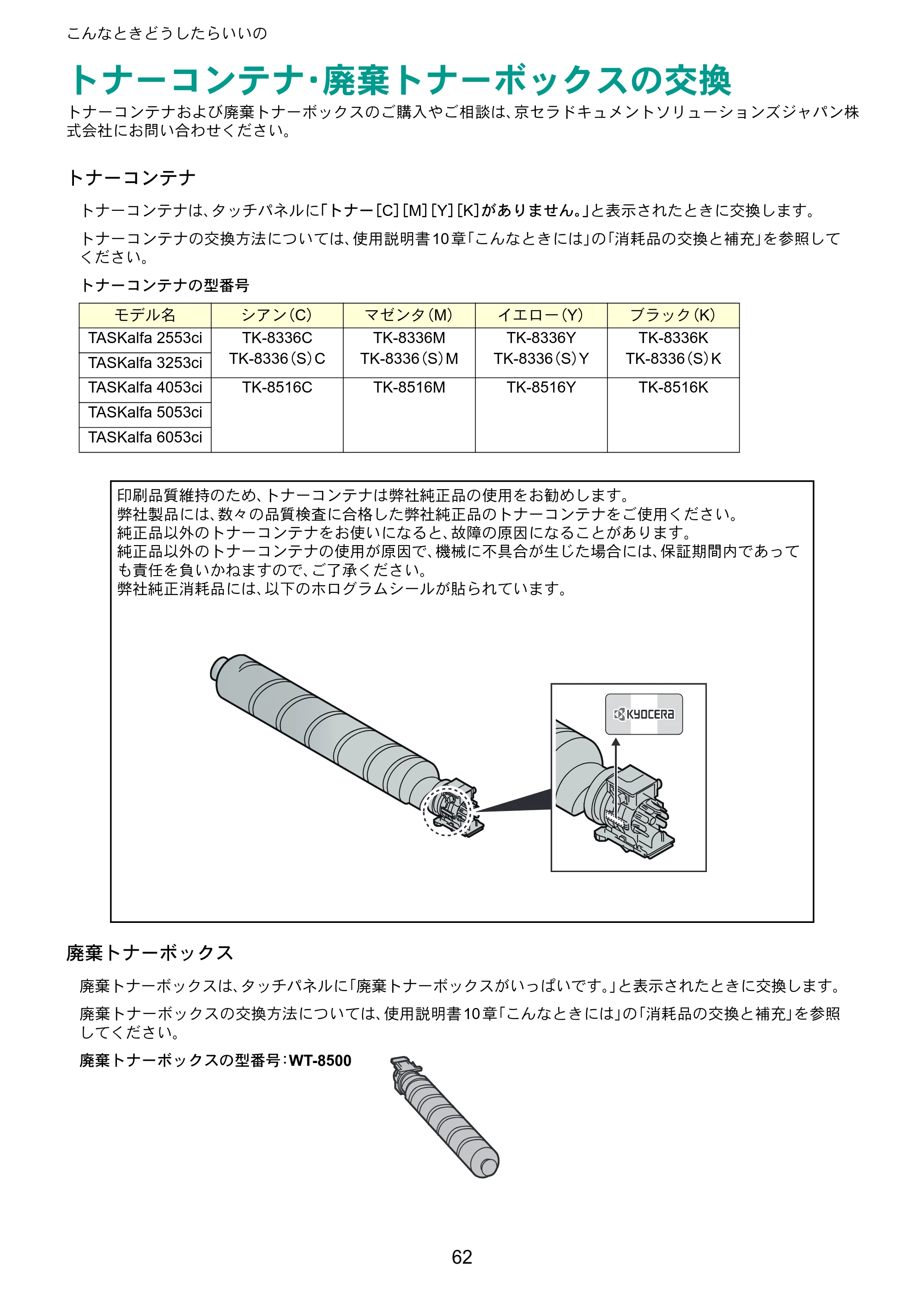 京セラ TASKalfa 2553ci / TASKalfa 3253ci / TASKalfa 4053ci TASKalfa 6053ci/5053ci/4053ci/3253ci/2553ci クイックガイド — トナーコンテナ・廃棄トナーボックスの交換 — 原本ページ — 62ページ
