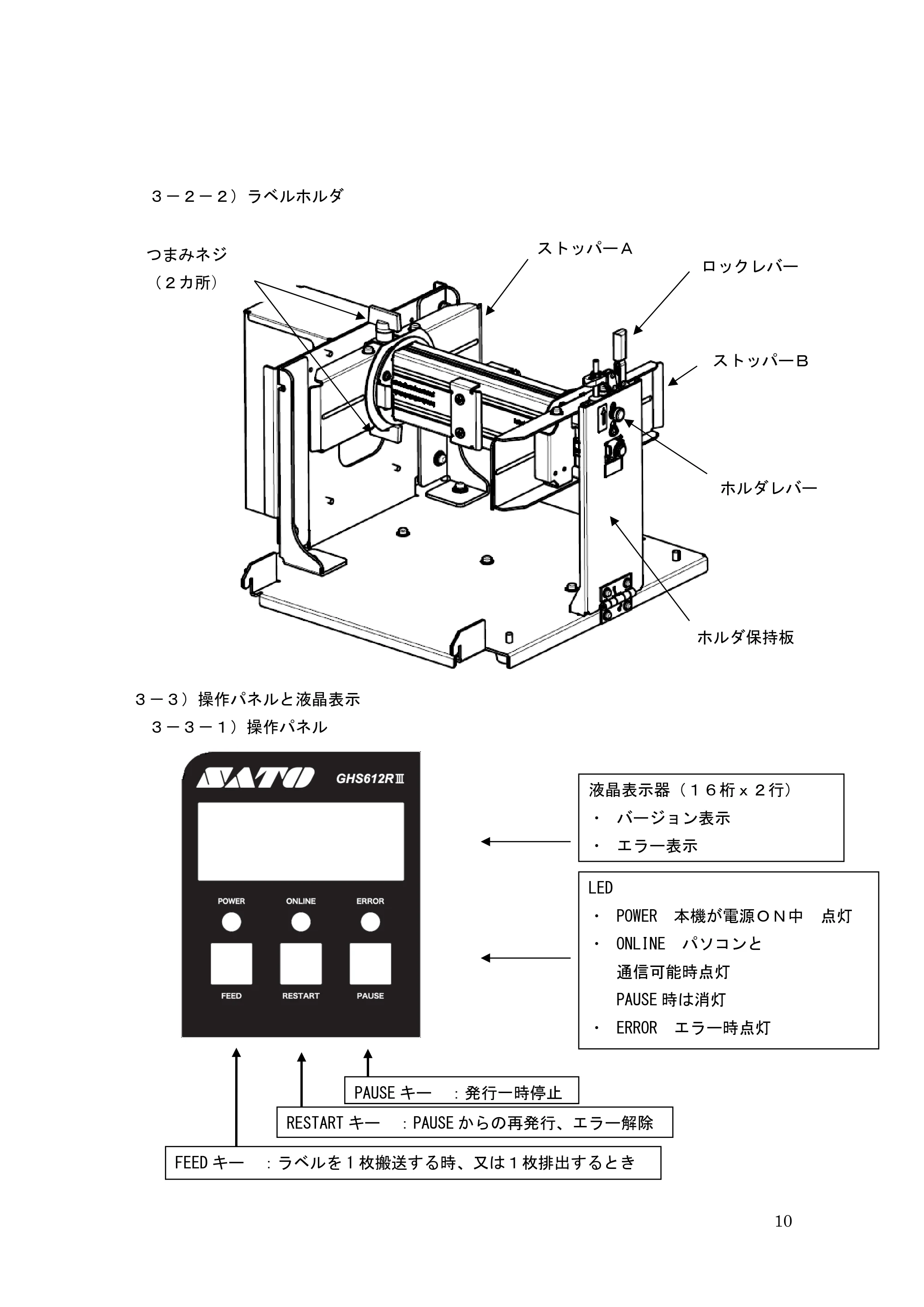 サトー GHS612R / HS612R GHS612RⅢ 取扱説明書（第1版） — ３－２－２）ラベルホルダ — 原本ページ — 10ページ