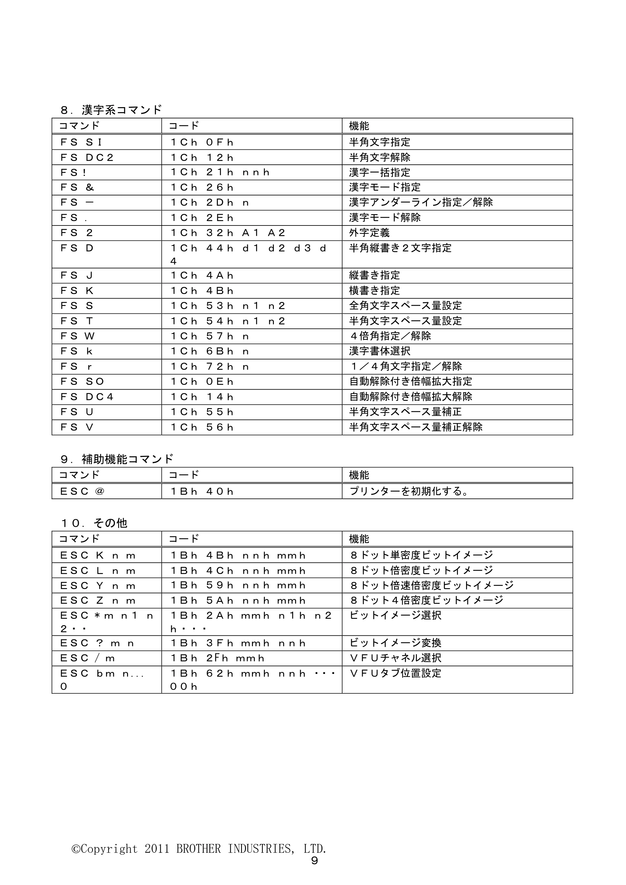 ブラザー PJ-623 / PJ-663 ESC/Pコマンドリファレンス — 原本ページ — 9ページ