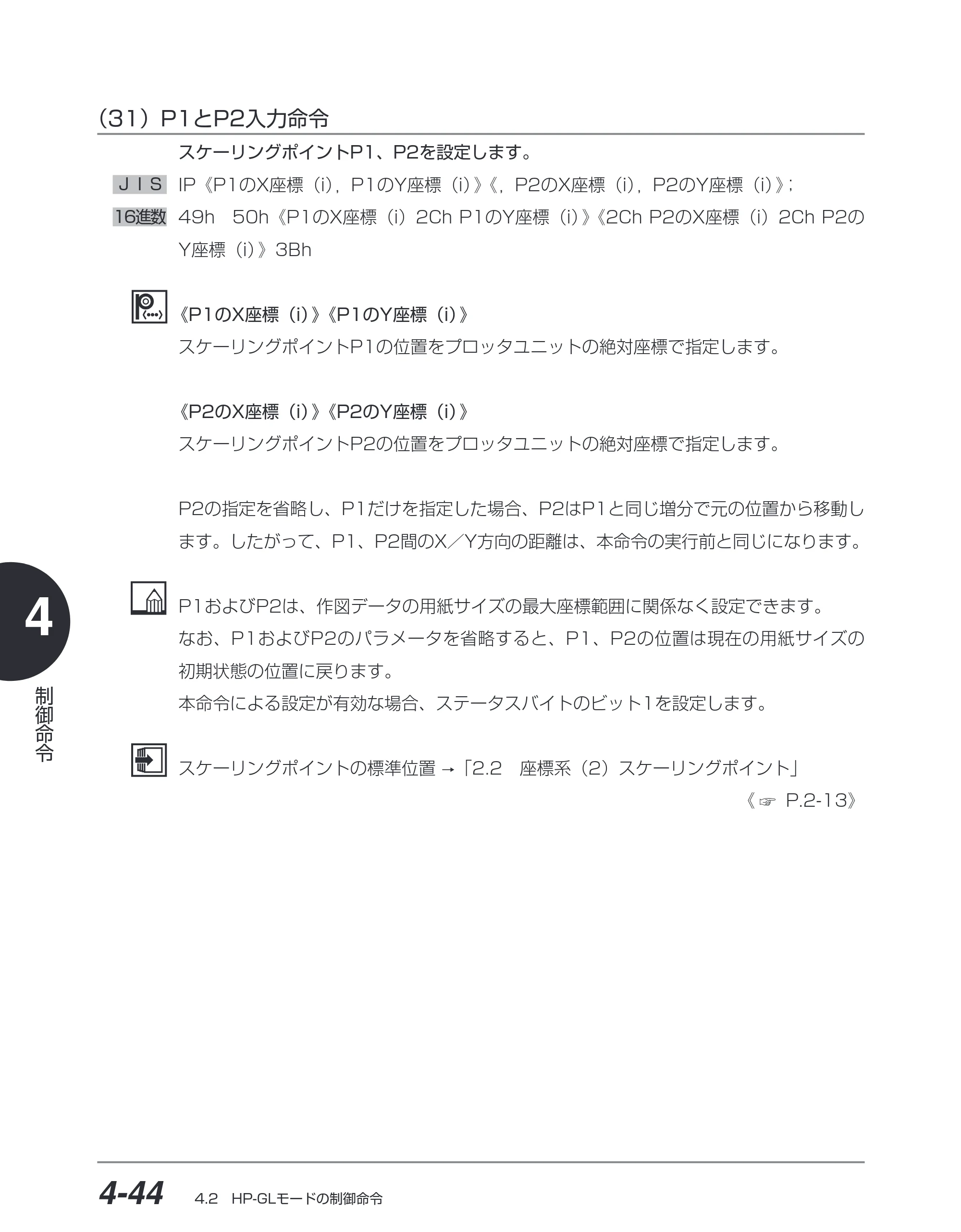 キヤノン BIJ2350/BIJ1350/BIJ1350D HP-GLユーザーズガイド （PDF形式／1.91Mバイト） — （31）P1とP2入力命令 — 原本ページ — 115ページ