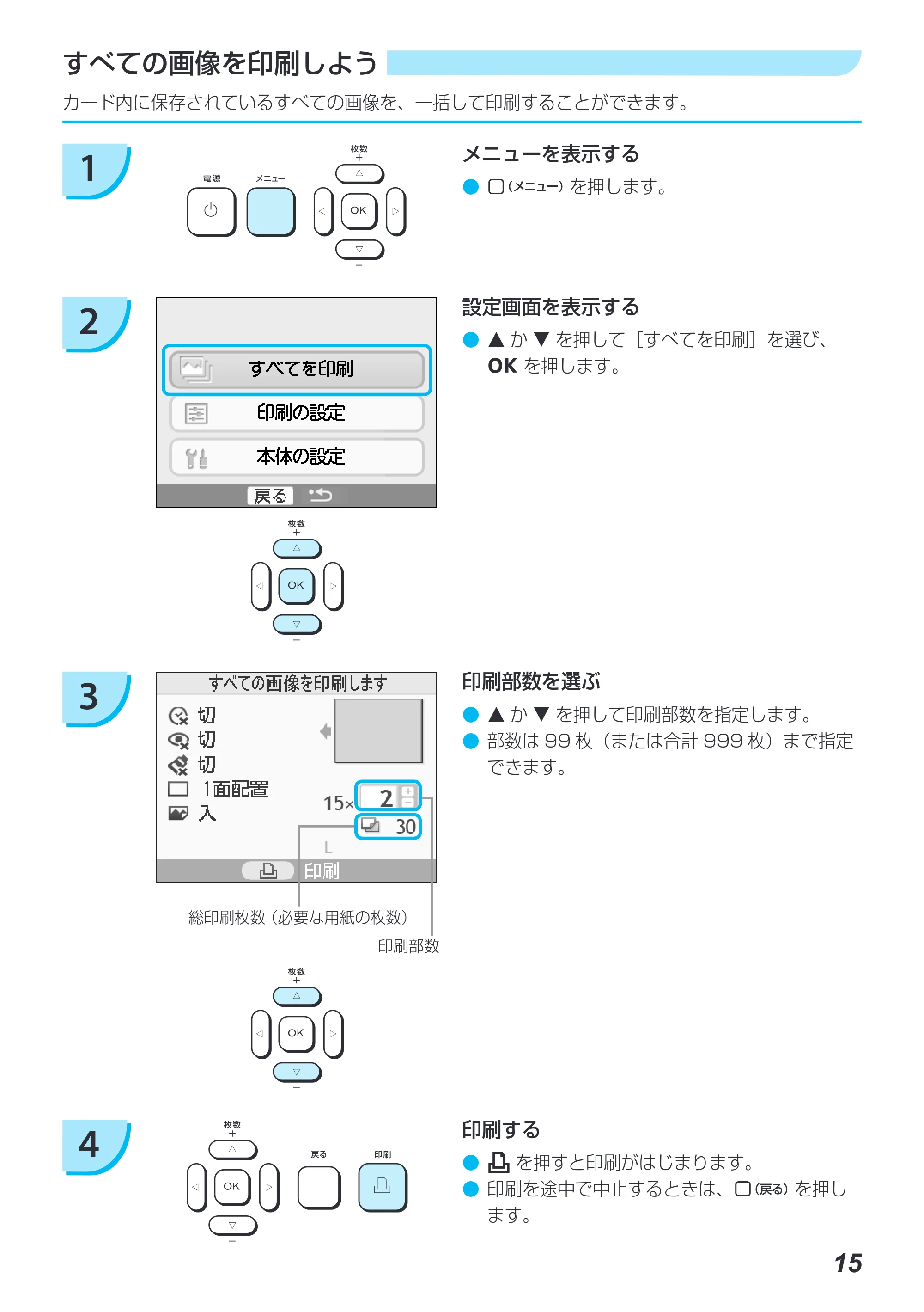 キヤノン SELPHY CP780 プリンターユーザーガイド (PDF形式/4.59Mバイト) — カード内に保存されているすべての画像を、一括して印刷することができます。 すべての画像を印刷しよう — 原本ページ — 15ページ