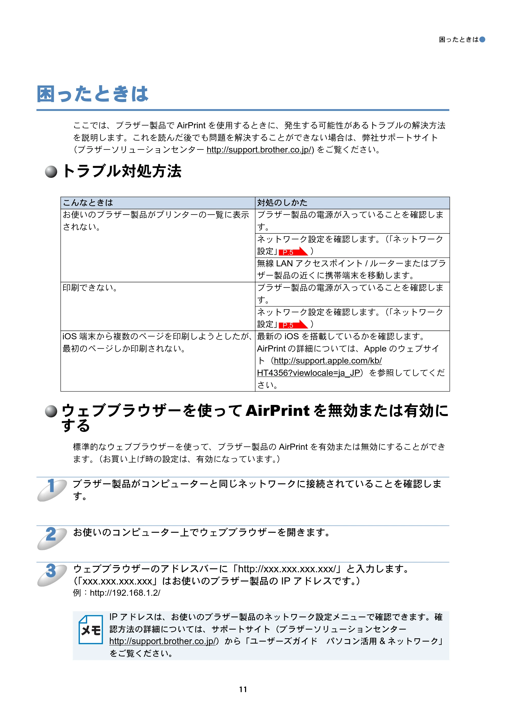 ブラザー DCP-J4225N / MFC-J4725N AirPrintガイド — 困ったときは — 原本ページ — 11ページ