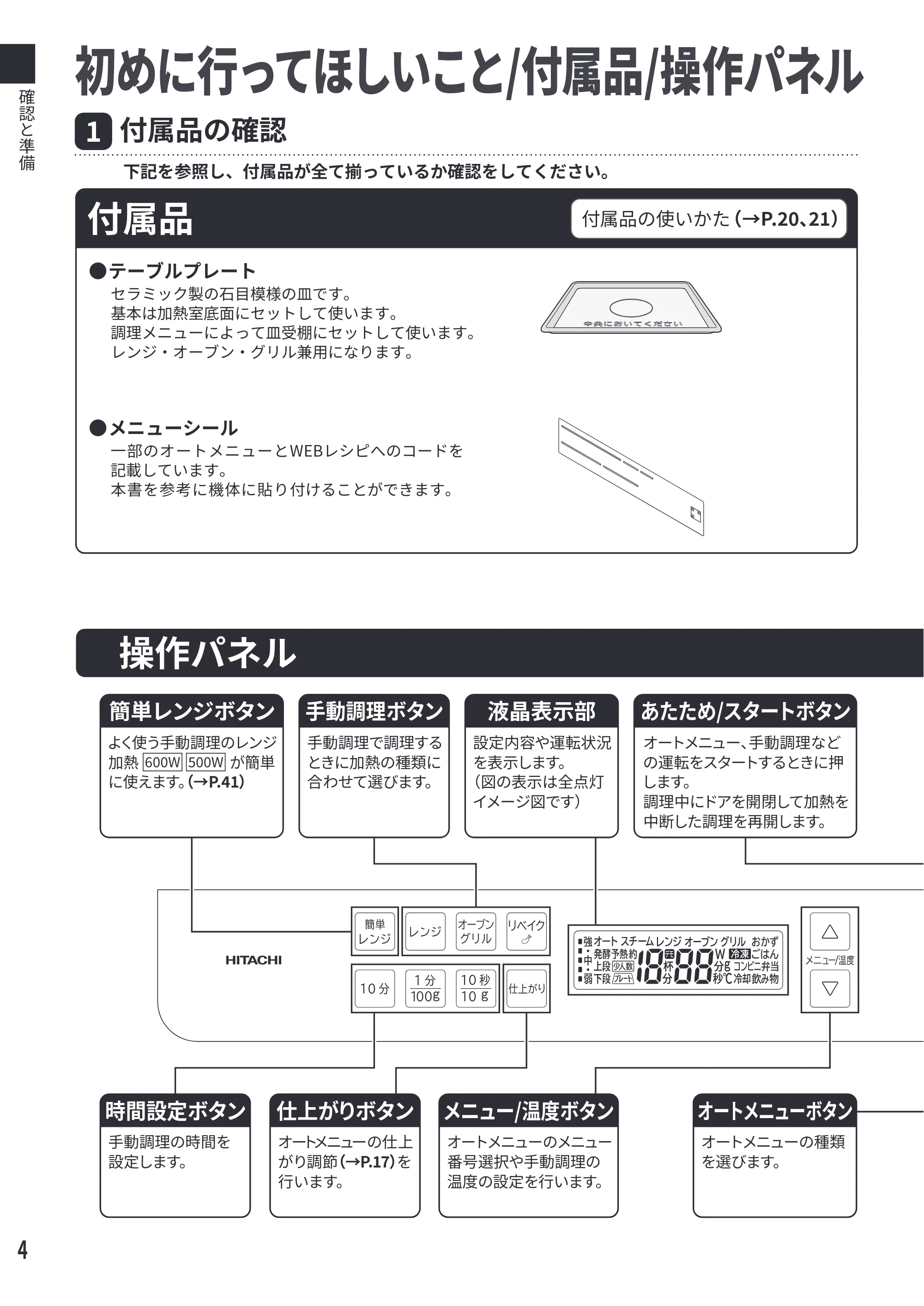 日立 MRO-F6E 取扱説明書 — 確認と準備 — 原本ページ — 4ページ