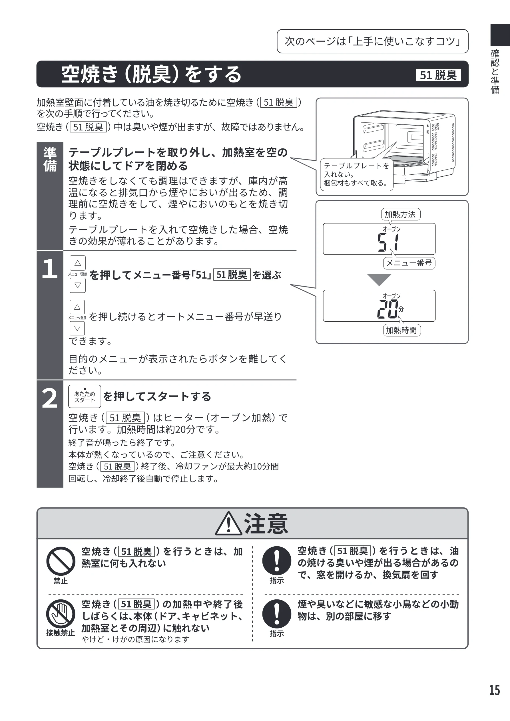 日立 MRO-F6E 取扱説明書 — 空焼き（脱臭）をする — 図版 15-1 — 15ページ