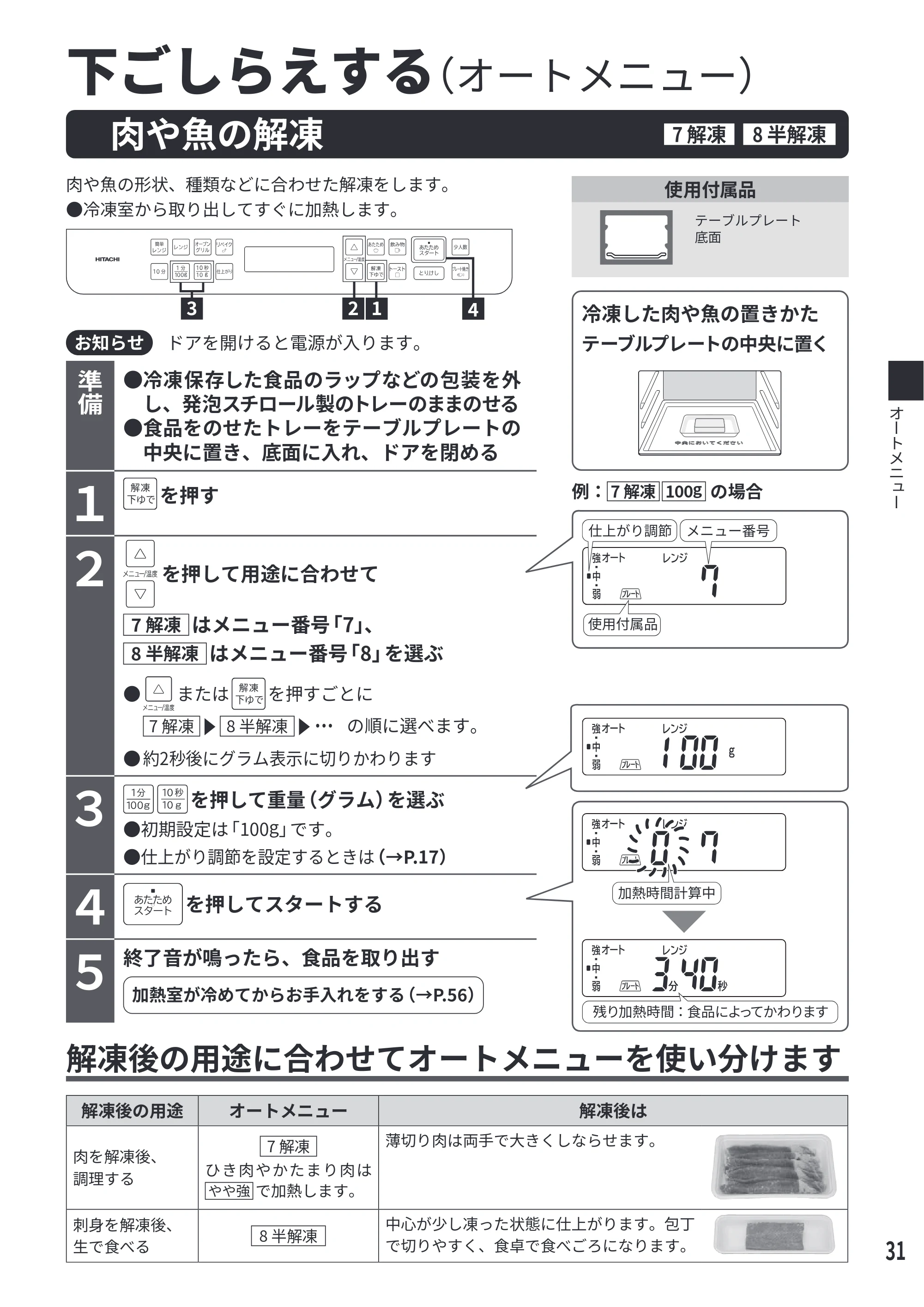 日立 MRO-F6E 取扱説明書 — 下ごしらえする（オートメニュー） — 原本ページ — 31ページ