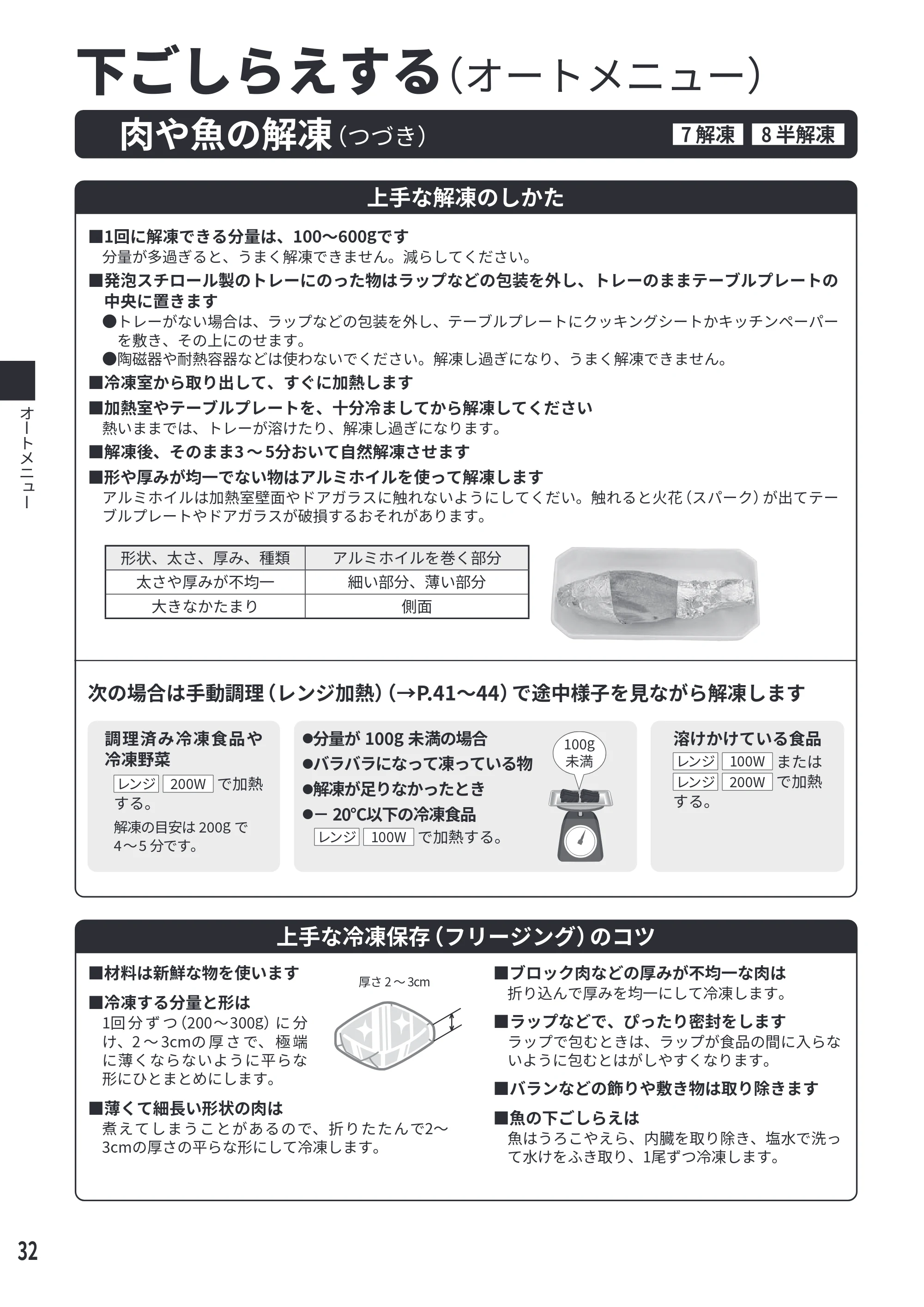 日立 MRO-F6E 取扱説明書 — 野菜の下ゆで[9 下ゆで(葉・果菜)][10 下ゆで(根菜)] — 原本ページ — 32ページ