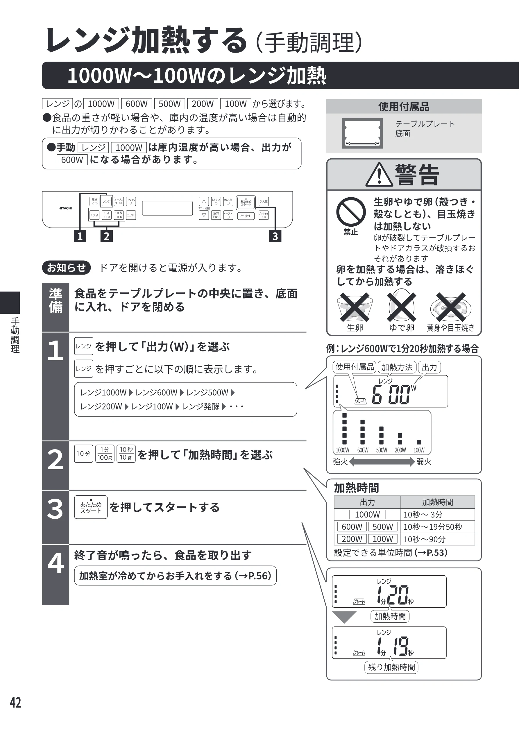 日立 MRO-F6E 取扱説明書 — 1000W~100Wのレンジ加熱 — 図版 42-1 — 42ページ