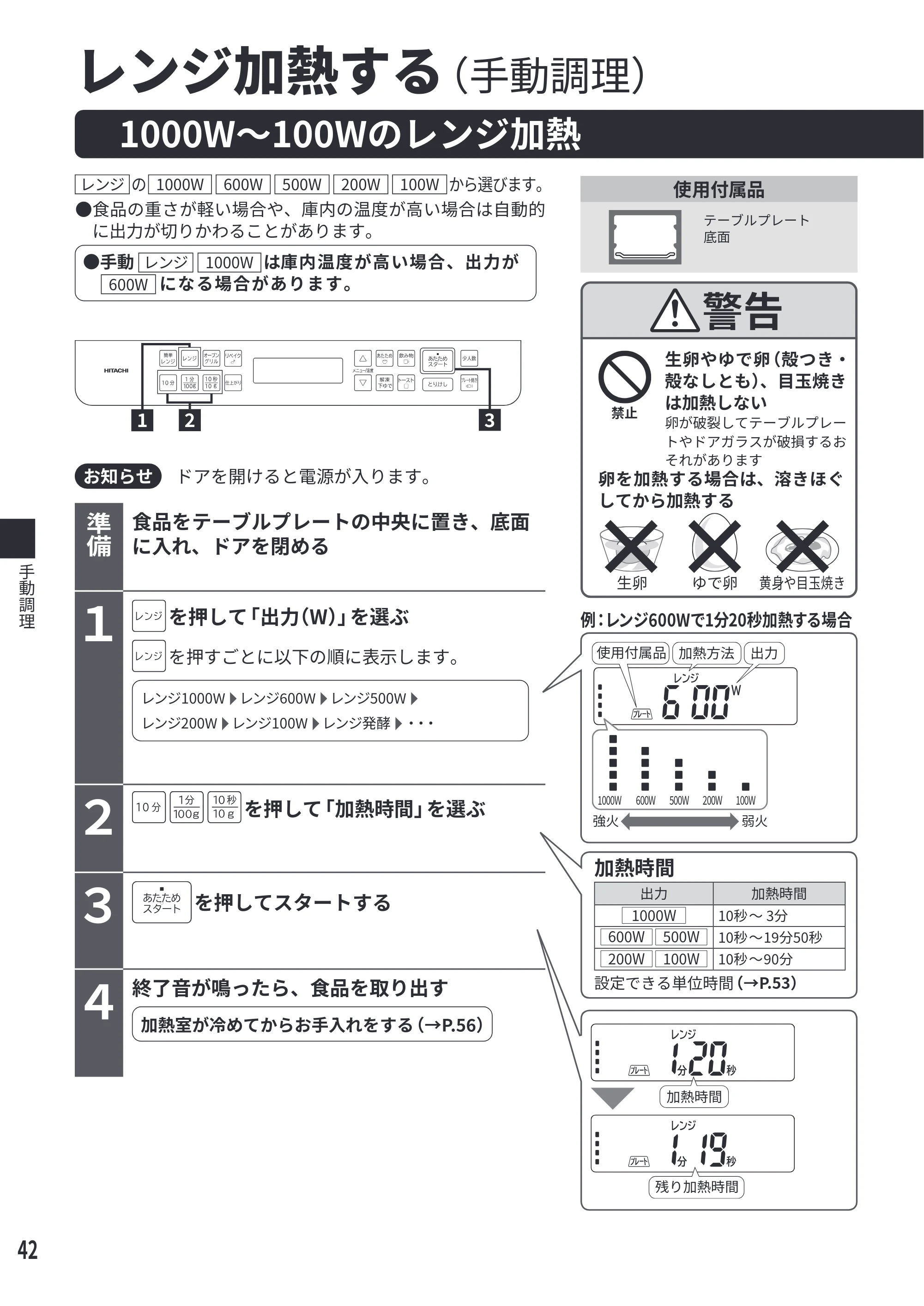 日立 MRO-F6E 取扱説明書 — 1000W~100Wのレンジ加熱 — 原本ページ — 42ページ