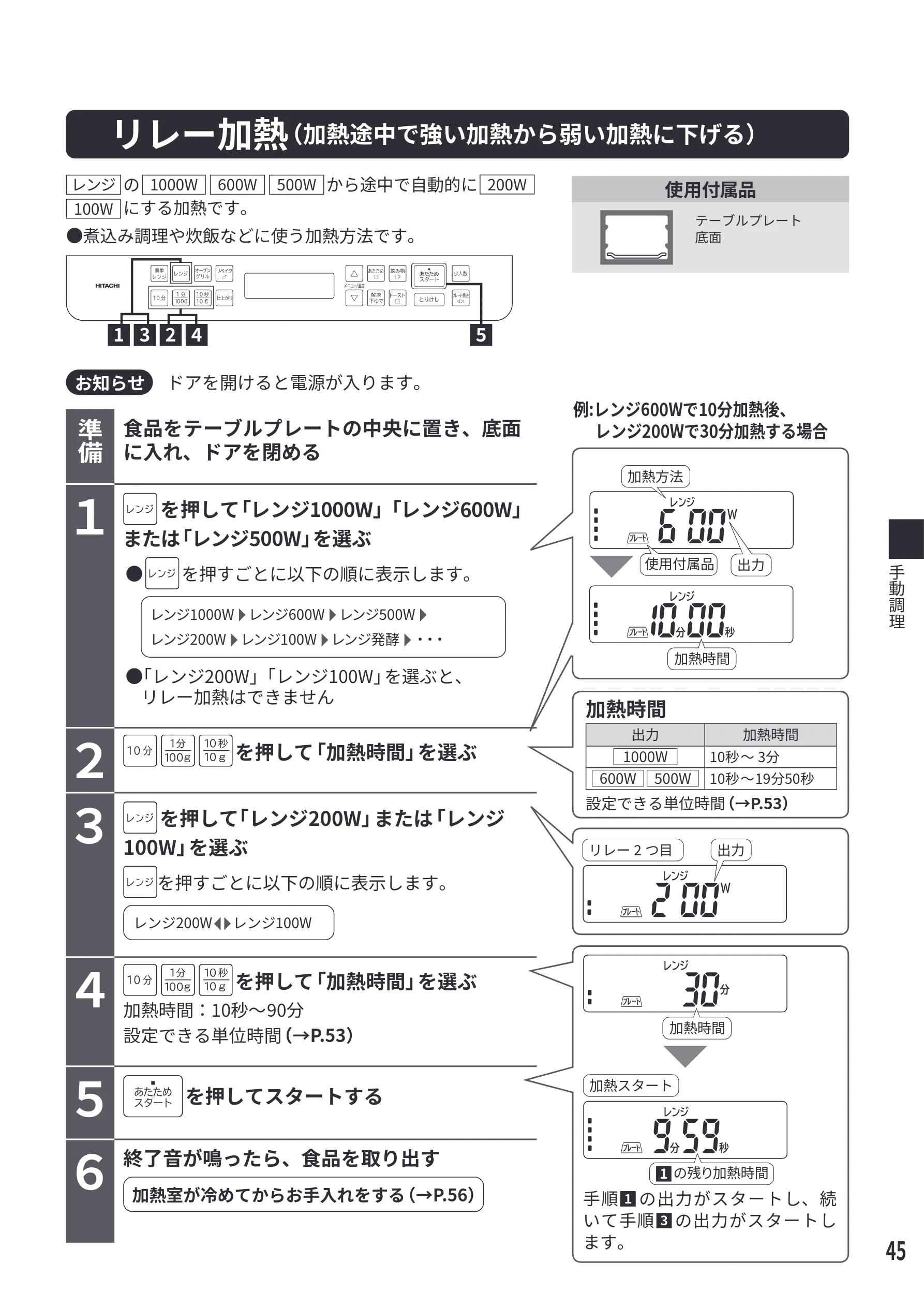 日立 MRO-F6E 取扱説明書 — リレー加熱(加熱途中で強い加熱から弱い加熱に下げる) — 図版 45-1 — 45ページ