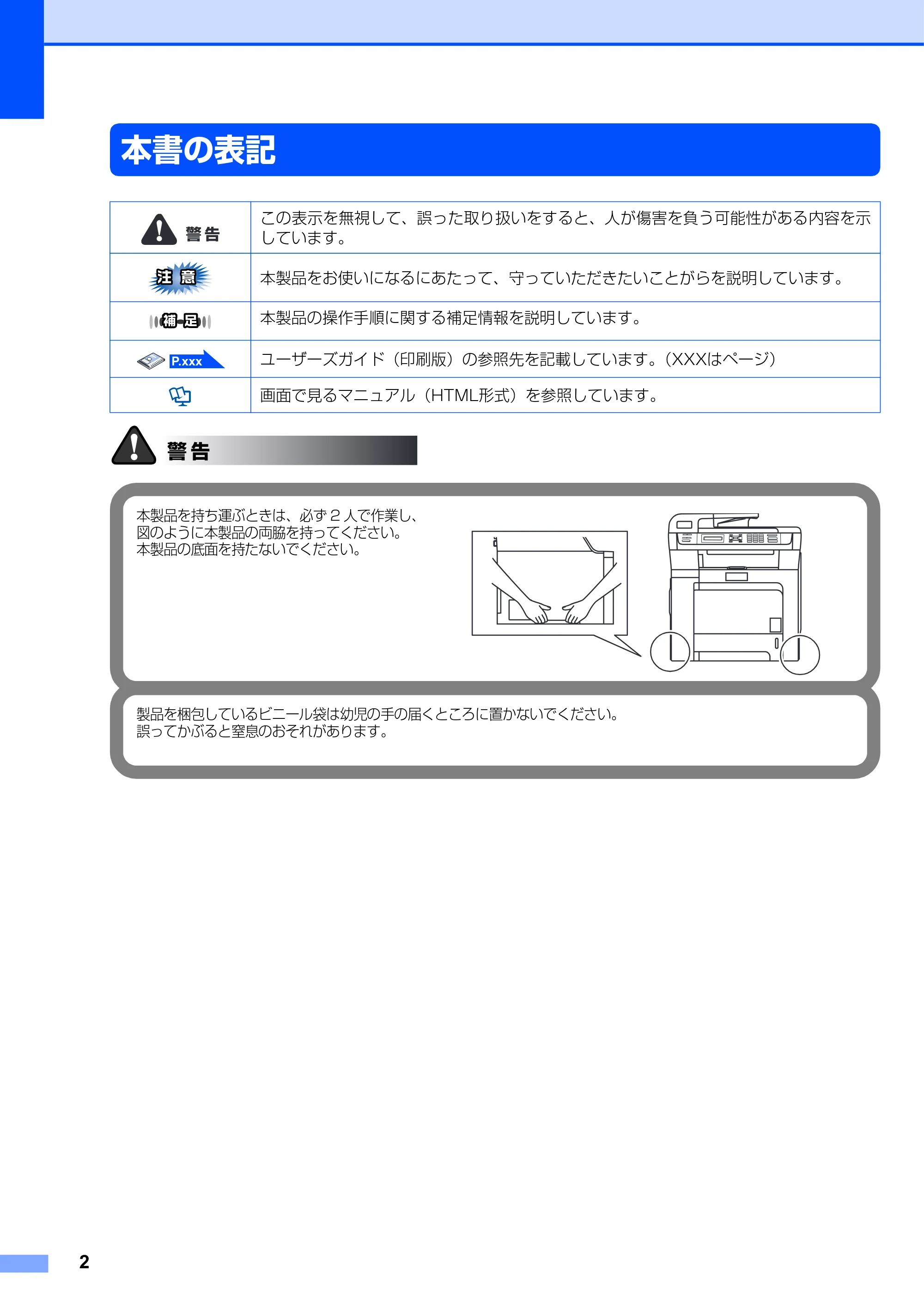 ブラザー DCP-9040CN かんたん設置ガイド — 本書の表記 — 原本ページ — 3ページ