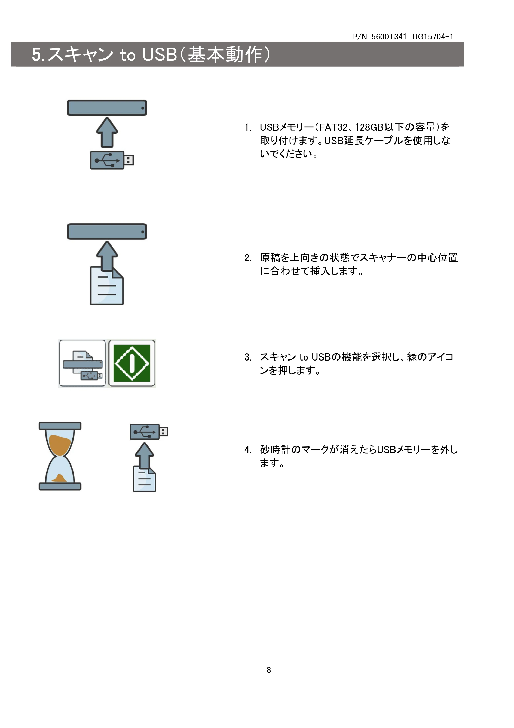 キヤノン TM-240・250・255・340・350・355 TM-MFPシリーズ(Lmスキャナー) クイックスタートガイド 2023年10月26日掲載 (PDF形式/0.99Mバイト) — スキャン to USB(基本動作) — 原本ページ — 8ページ