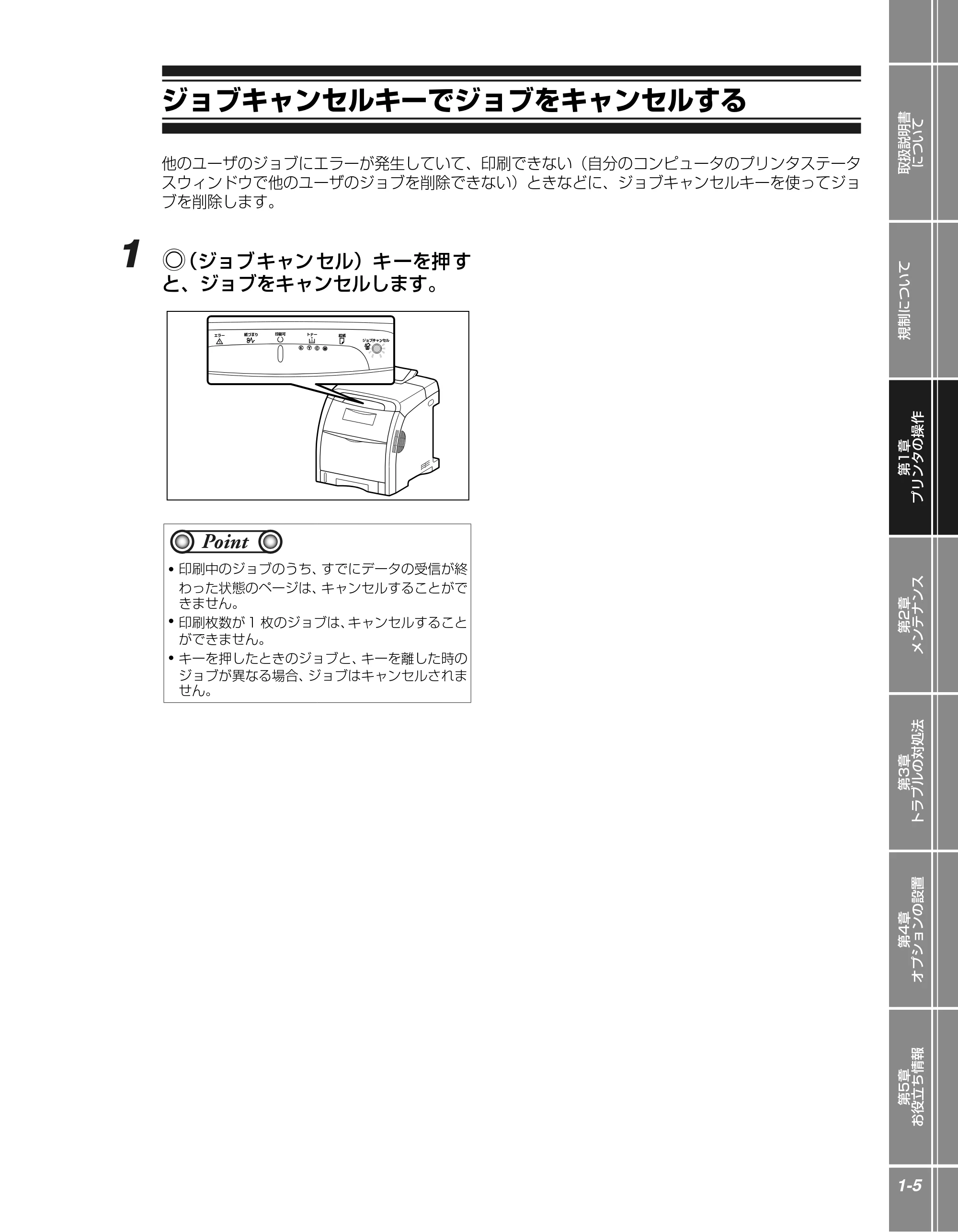 キヤノン LBP5300 かんたん操作ガイド 2007年7月9日更新 （PDF形式／4.41Mバイト） — ジョブキャンセルキーでジョブをキャンセルする — 原本ページ — 15ページ