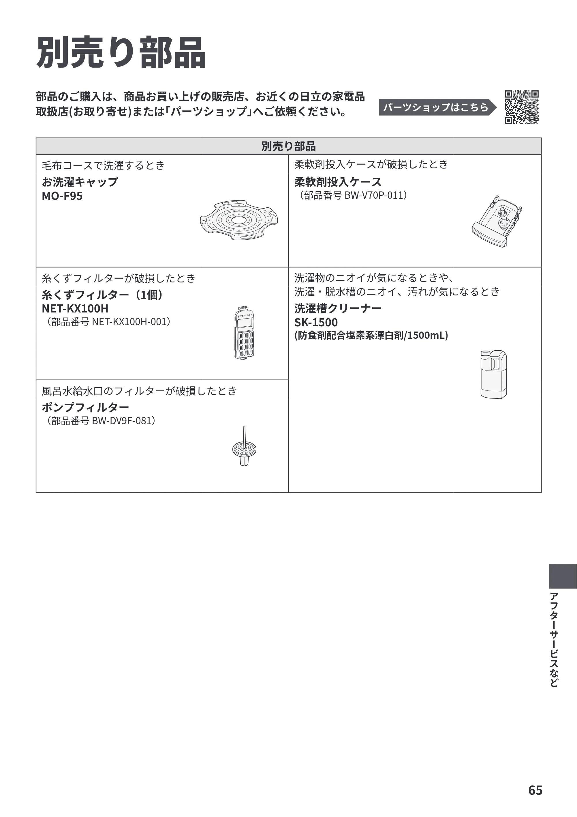 日立 BW-V70P 取扱説明書 — 別売り部品 — 原本ページ — 65ページ