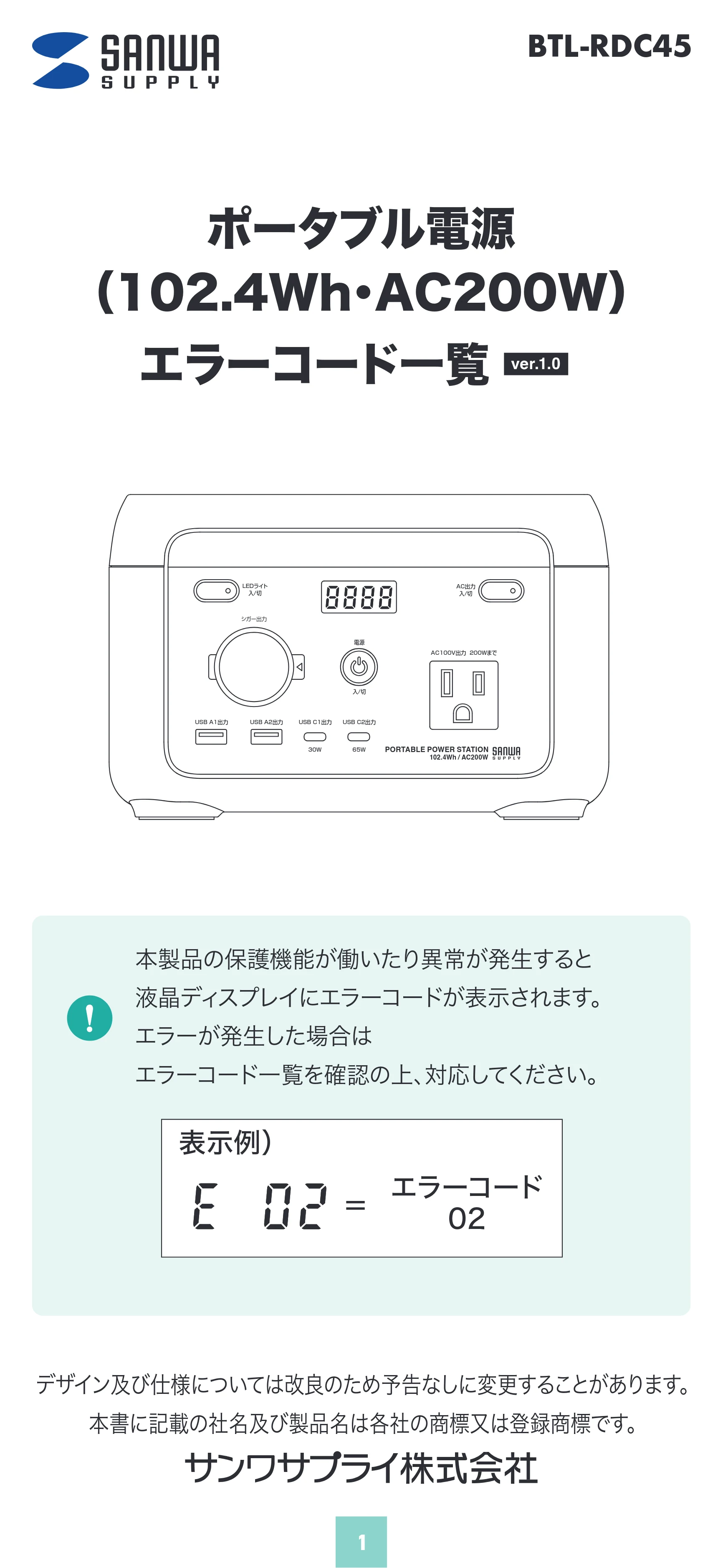 サンワサプライ BTL-RDC45 取扱説明書 — 原本ページ — 1ページ