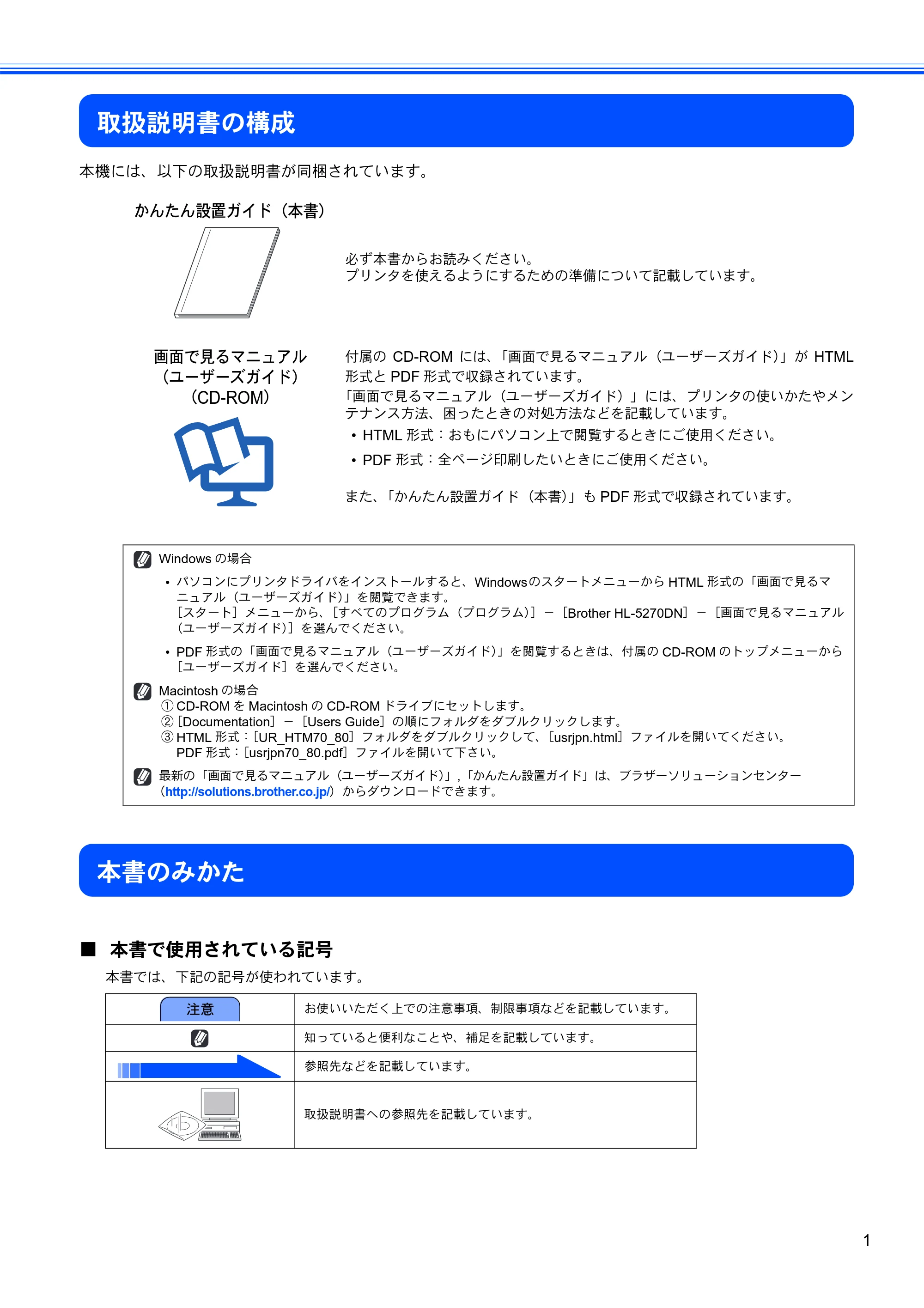 ブラザー HL-5270DN かんたん設置ガイド — 取扱説明書の構成 — 原本ページ — 3ページ