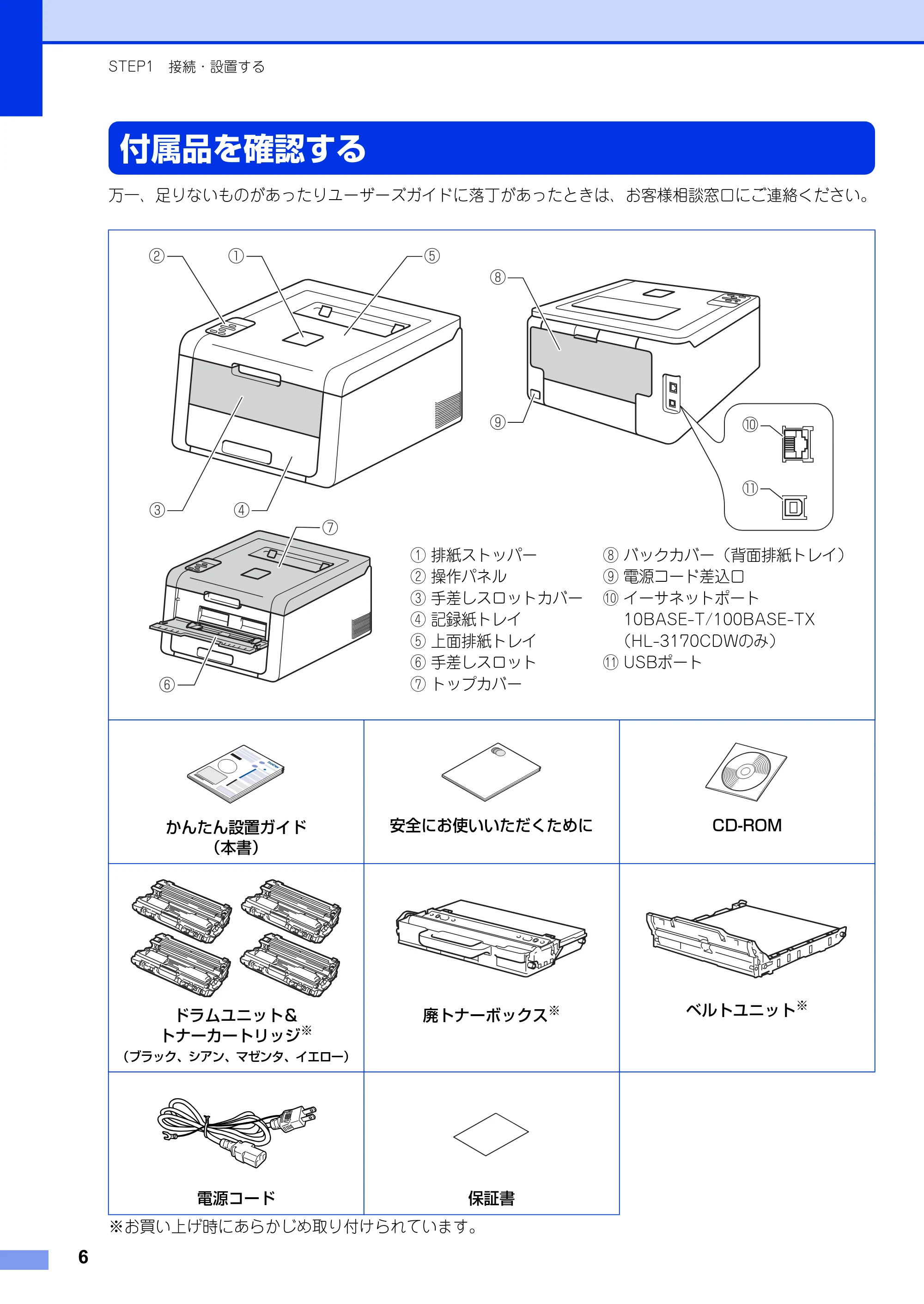 ブラザー HL-3140CW / HL-3170CDW かんたん設置ガイド — STEP1 接続・設置する — 原本ページ — 6ページ