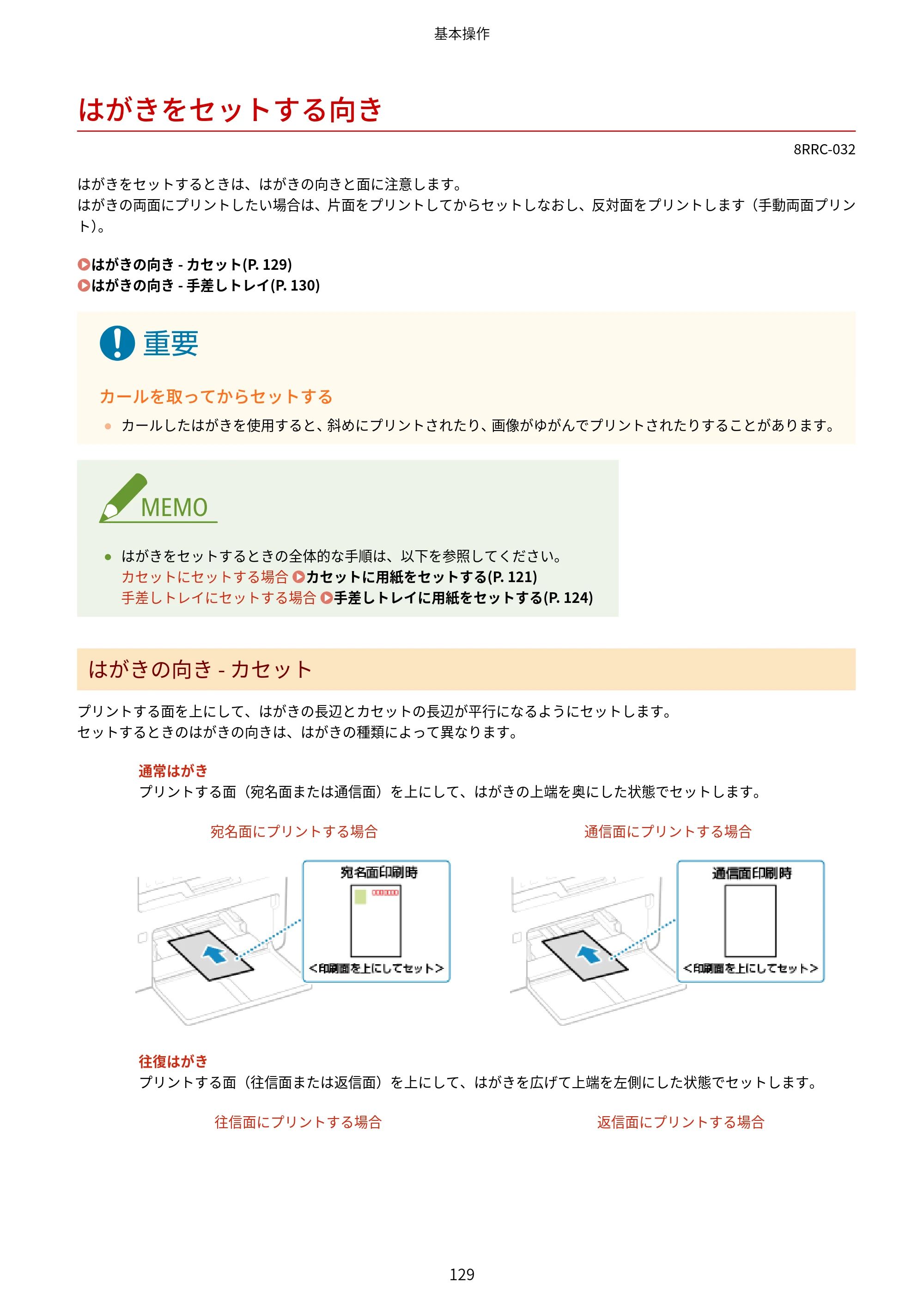 キヤノン MF269dw II・MF266dn II・MF265dw II ユーザーズガイド 2026年6月25日更新（PDF：4.86MB） — はがきをセットする向き — 原本ページ — 138ページ