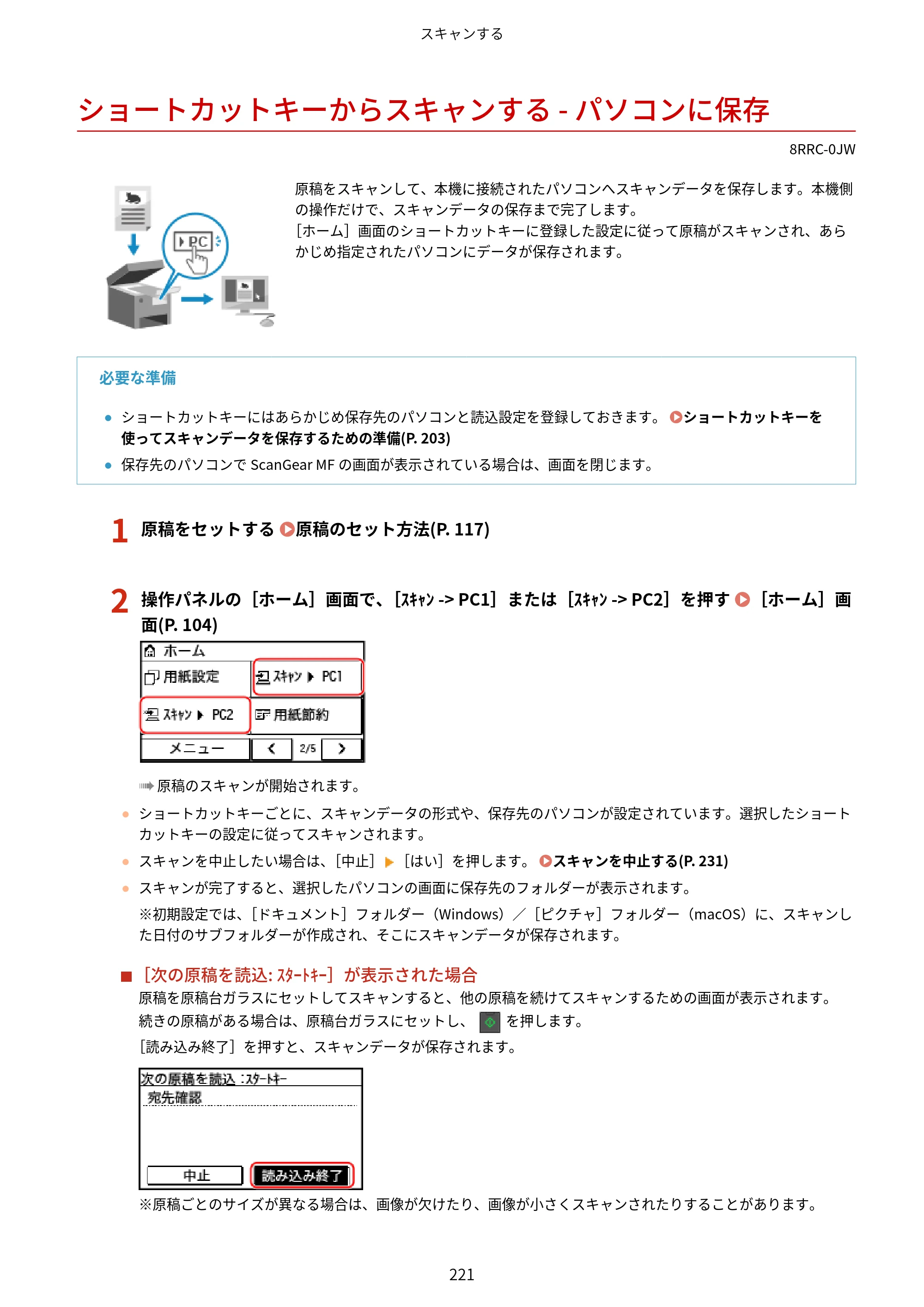キヤノン MF269dw II・MF266dn II・MF265dw II ユーザーズガイド 2026年6月25日更新（PDF：4.86MB） — ショートカットキーからスキャンする - パソコンに保存 — 原本ページ — 230ページ