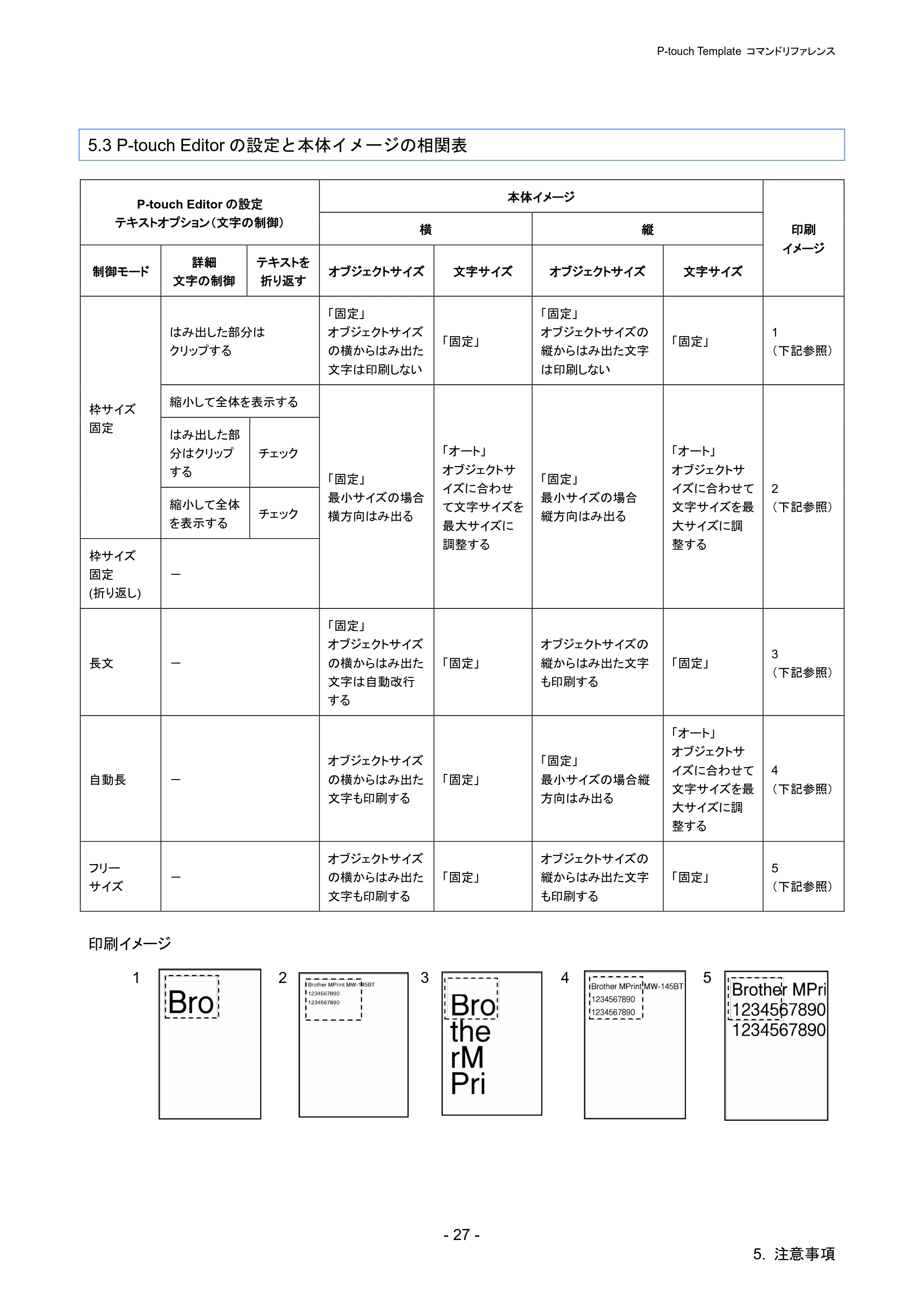 ブラザー PJ-723 / PJ-763 / PJ-763MFi P-touch テンプレートマニュアル / コマンドリファレンス — 5.3 P-touch Editorの設定と本体イメージの相関表 — 原本ページ — 32ページ