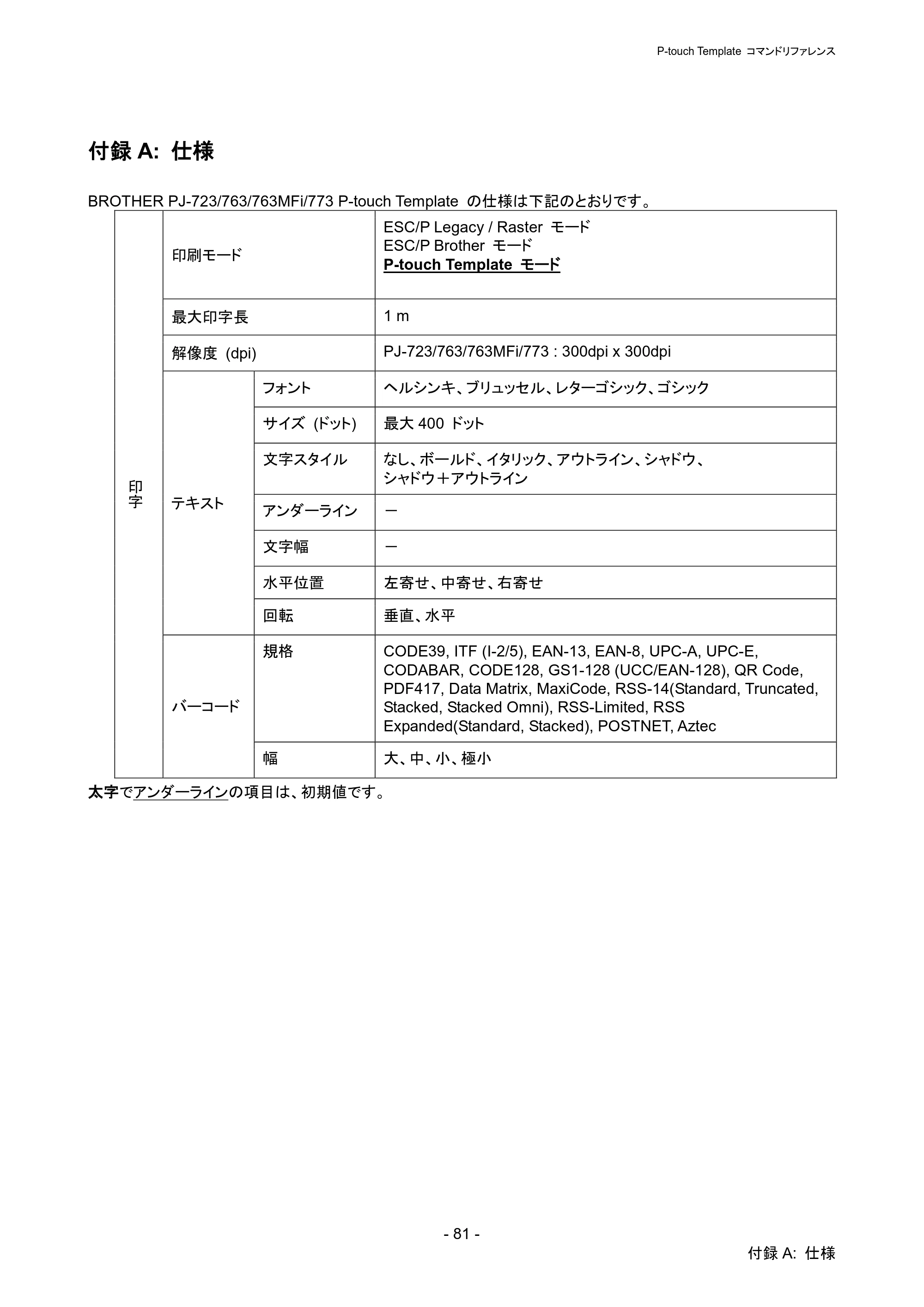 ブラザー PJ-723 / PJ-763 / PJ-763MFi P-touch テンプレートマニュアル / コマンドリファレンス — 付録A: 仕様 — 原本ページ — 86ページ