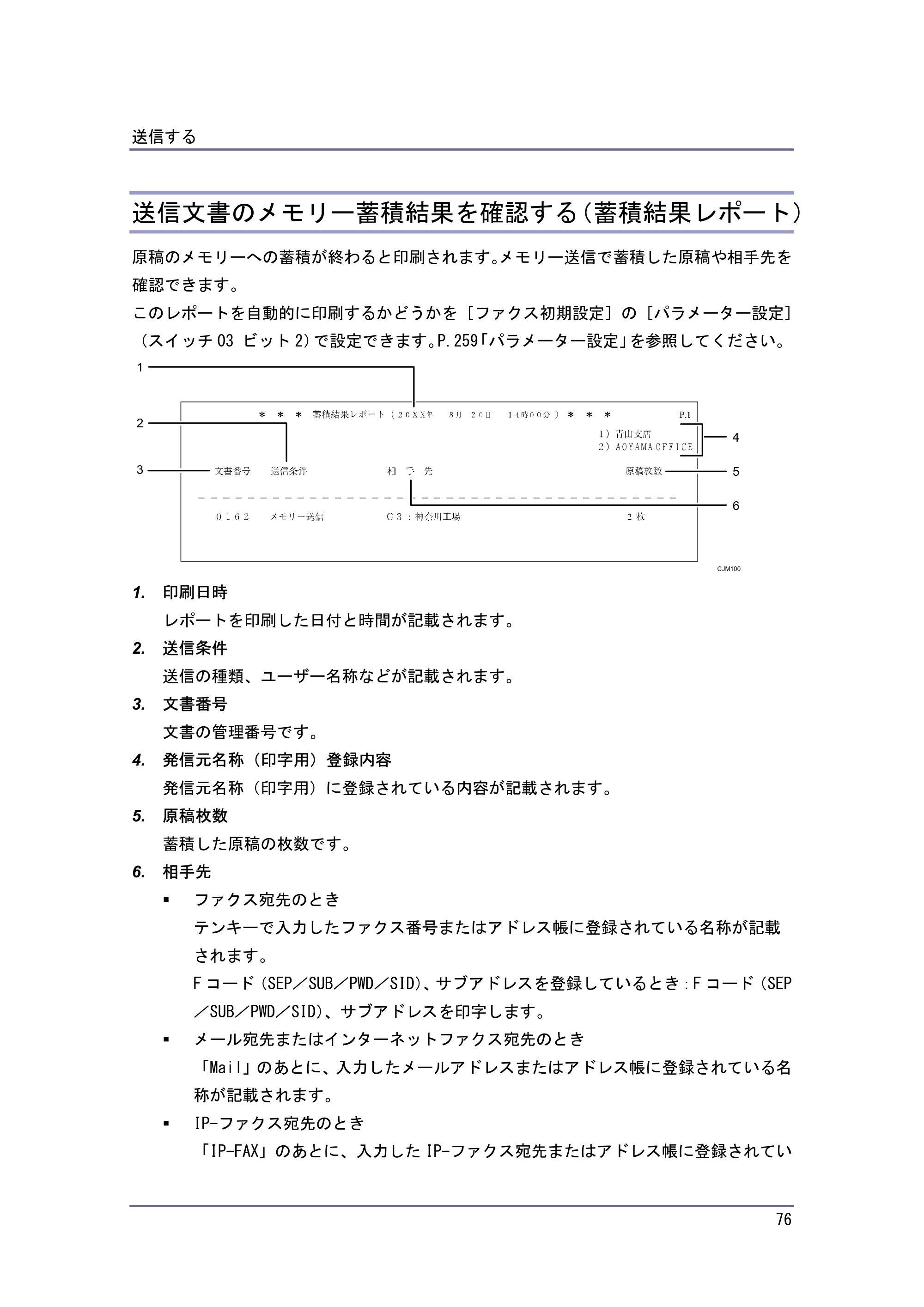 キヤノン PostScript3 ファクス （PDF形式／8.56Mバイト） — 送信文書のメモリー蓄積結果を確認する（蓄積結果レポート） — 原本ページ — 76ページ