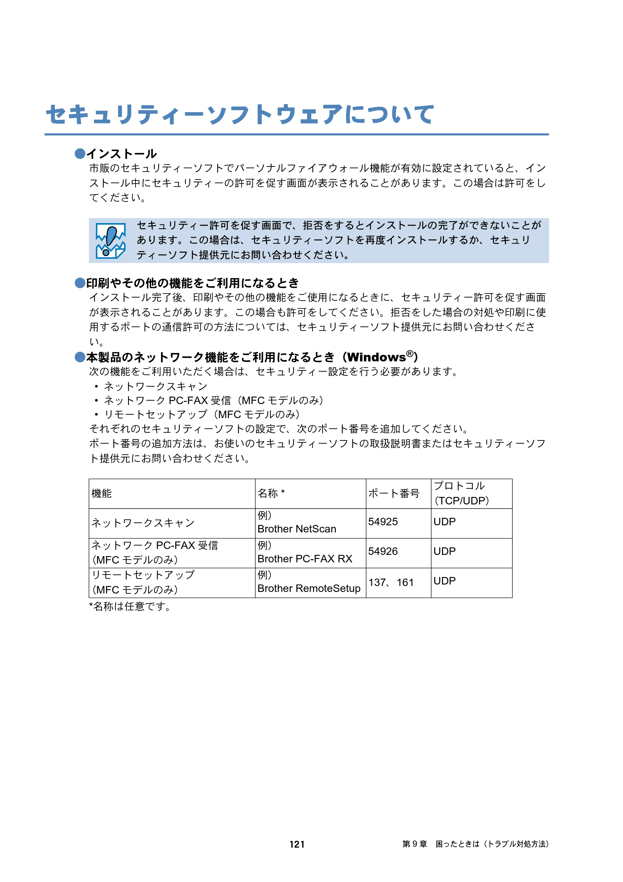 ブラザー DCP-J132N / DCP-J152N / DCP-J4215N-B/W ユーザーズガイド ～ネットワーク編～ — セキュリティーソフトウェアについて — 原本ページ — 121ページ