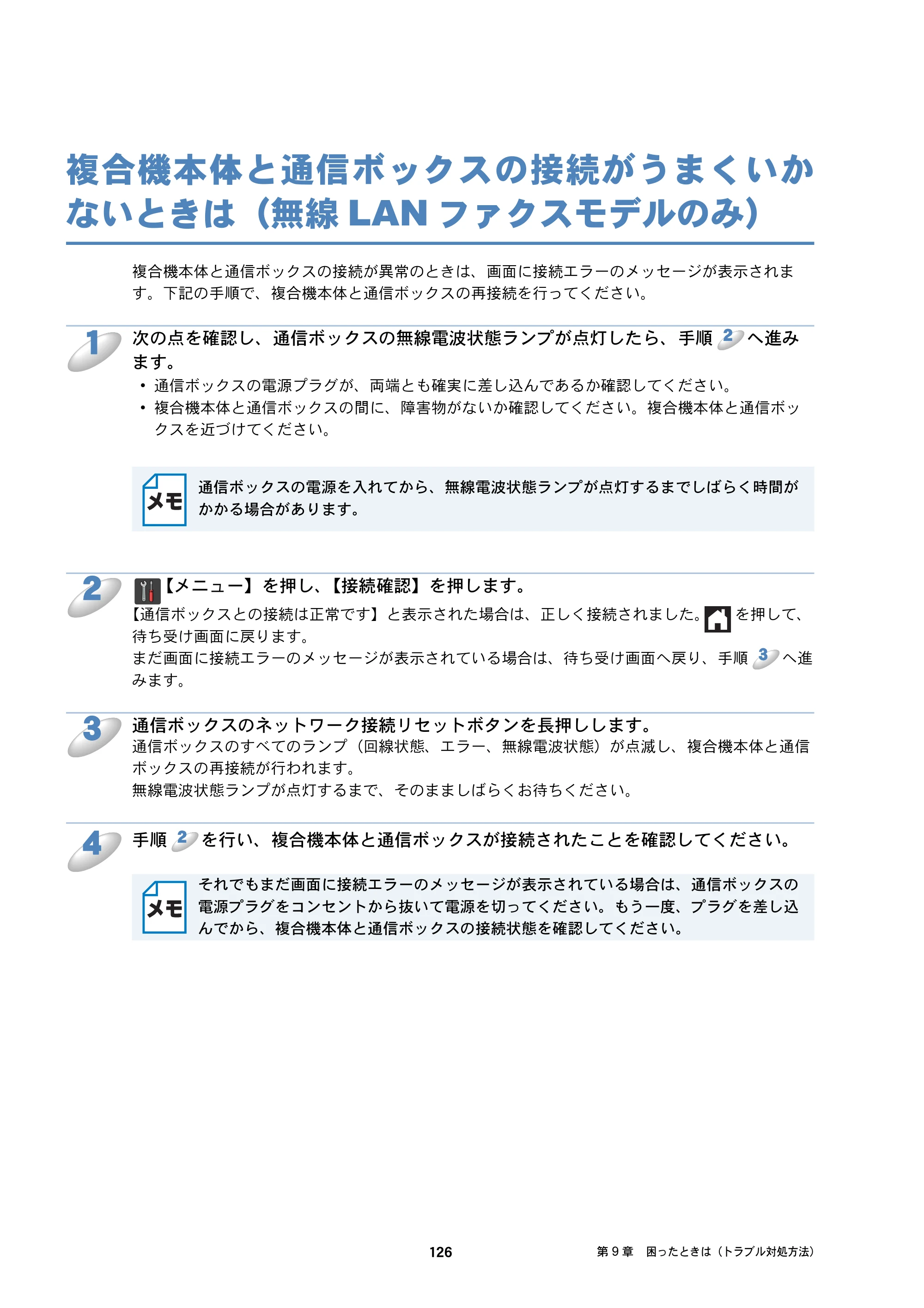 ブラザー DCP-J132N / DCP-J152N / DCP-J4215N-B/W ユーザーズガイド ～ネットワーク編～ — 複合機本体と通信ボックスの接続がうまくいかないときは（無線LANファクスモデルのみ） — 原本ページ — 126ページ
