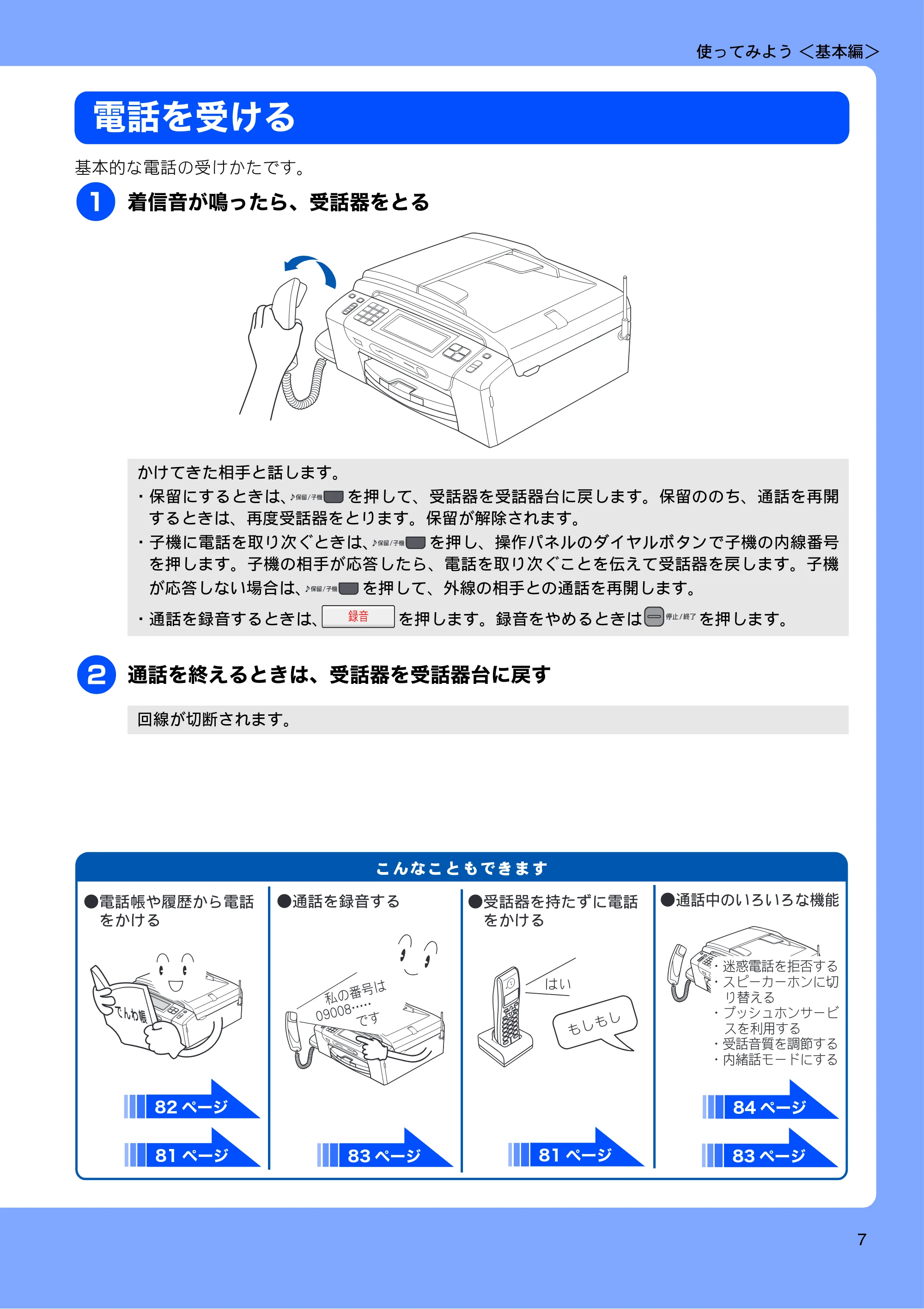 ブラザー MFC-735CD / MFC-735CDW / MFC-935CDN / MFC-935CDWN ユーザーズガイド ~基本編~ — 電話を受ける — 原本ページ — 9ページ