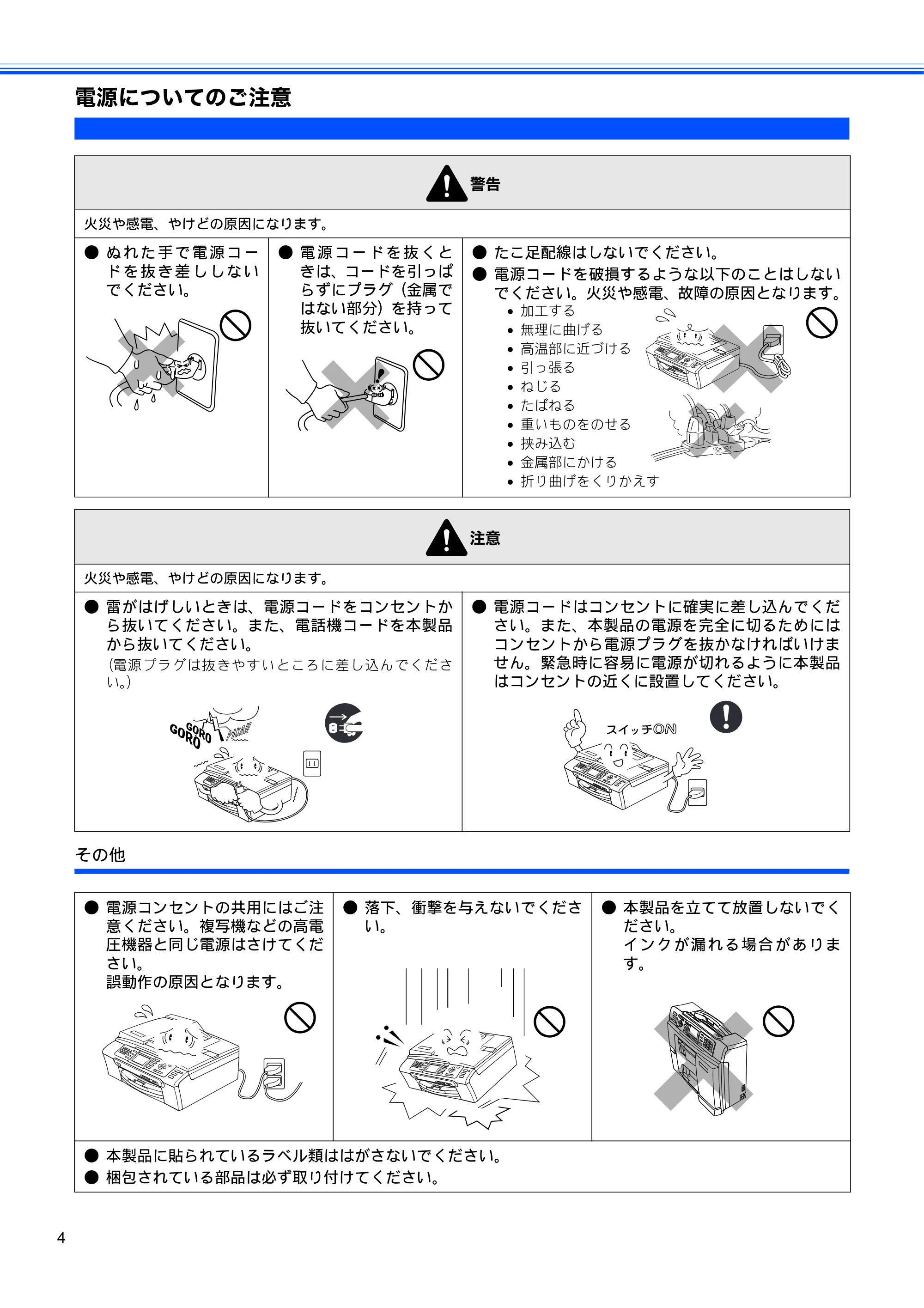 ブラザー MFC-460CN かんたん設置ガイド — 電源についてのご注意 — 原本ページ — 6ページ