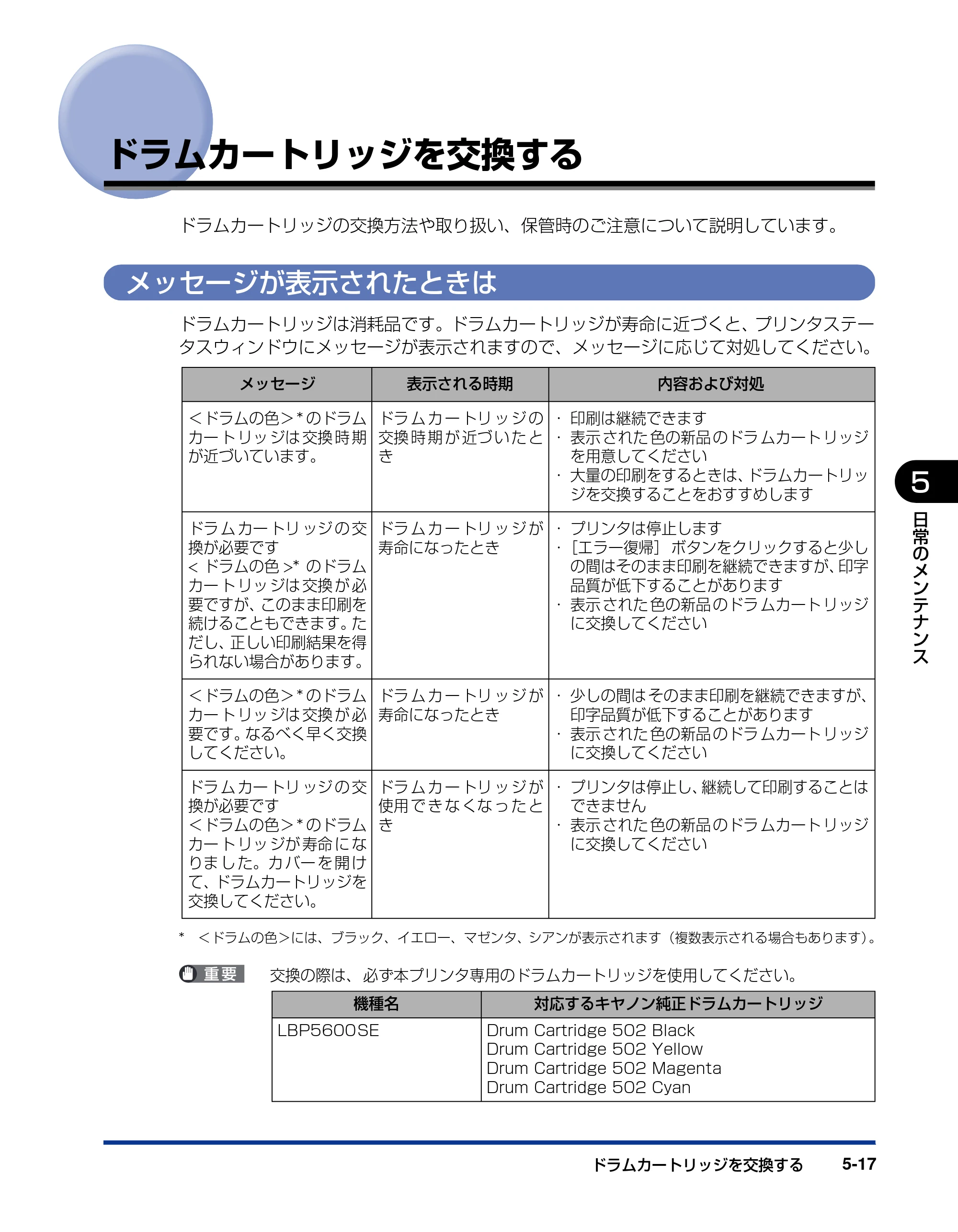 キヤノン LBP5600SE ユーザーズガイド 2006年11月15日 掲載 （PDF形式／17.68Mバイト） — ドラムカートリッジを交換する — 原本ページ — 349ページ