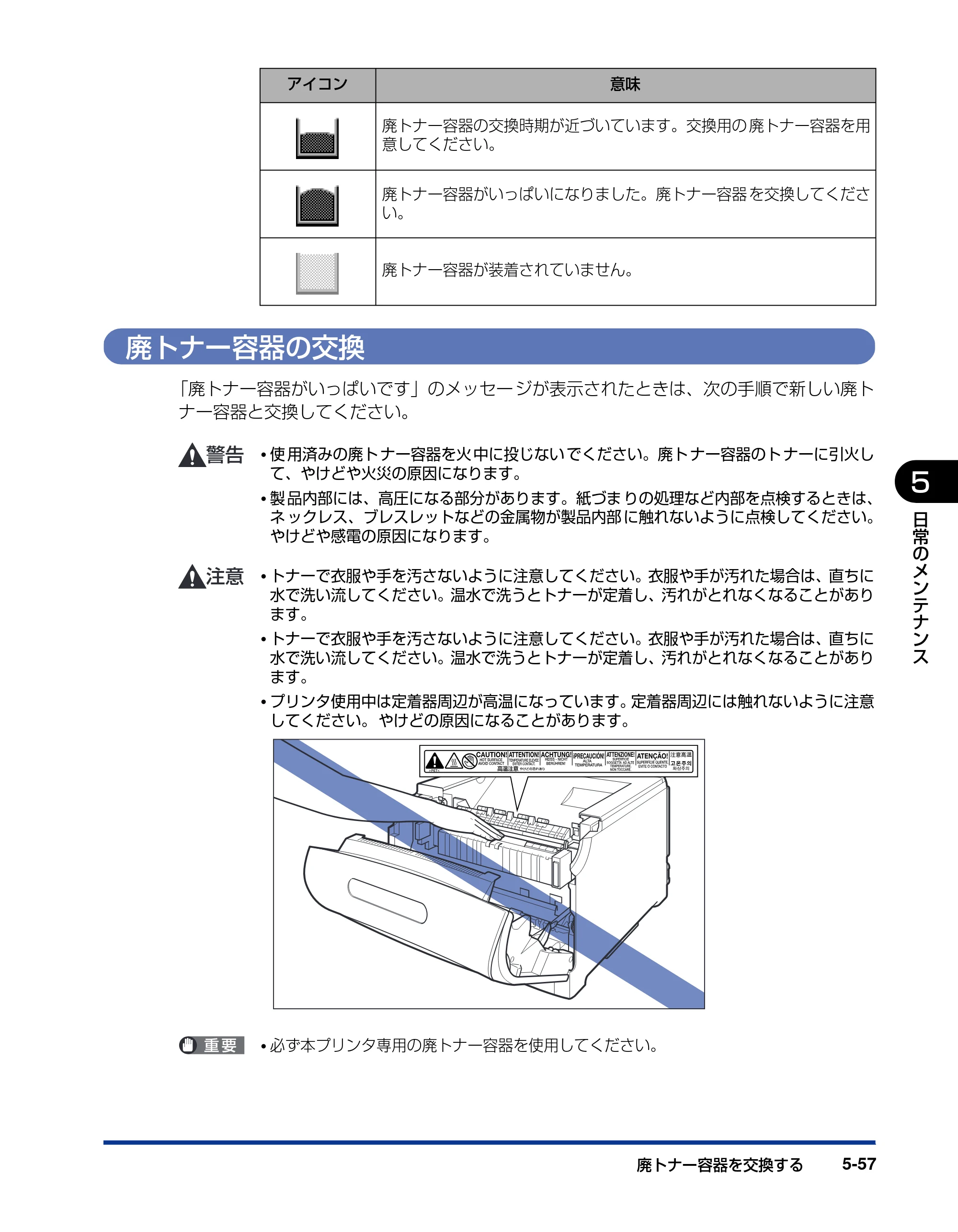 キヤノン LBP5600SE ユーザーズガイド 2006年11月15日 掲載 （PDF形式／17.68Mバイト） — 廃トナー容器の交換 — 原本ページ — 389ページ