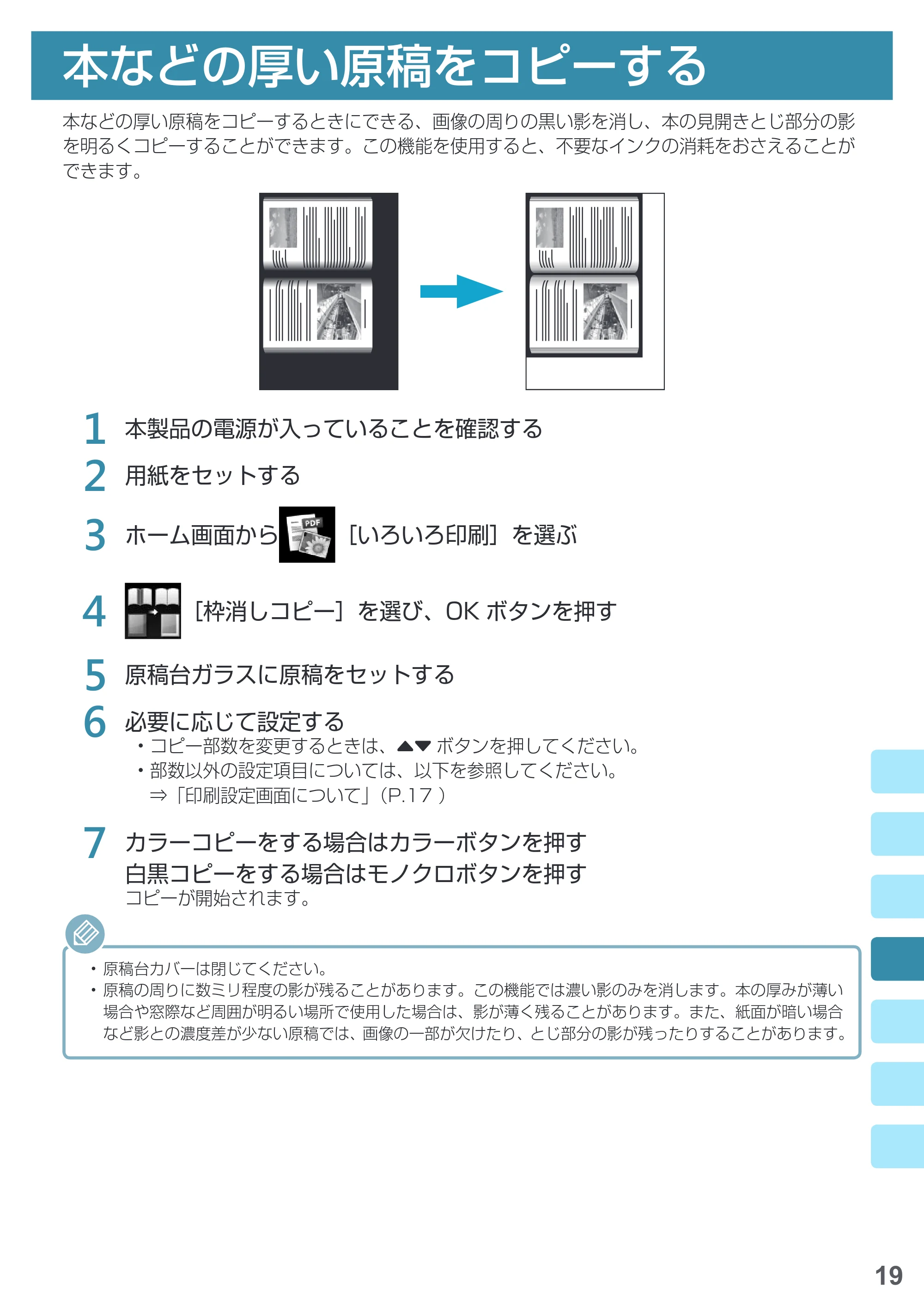 キヤノン PIXUS MG6930 基本操作マニュアル(PDF:4.18MB) — 本などの厚い原稿をコピーする — 原本ページ — 21ページ