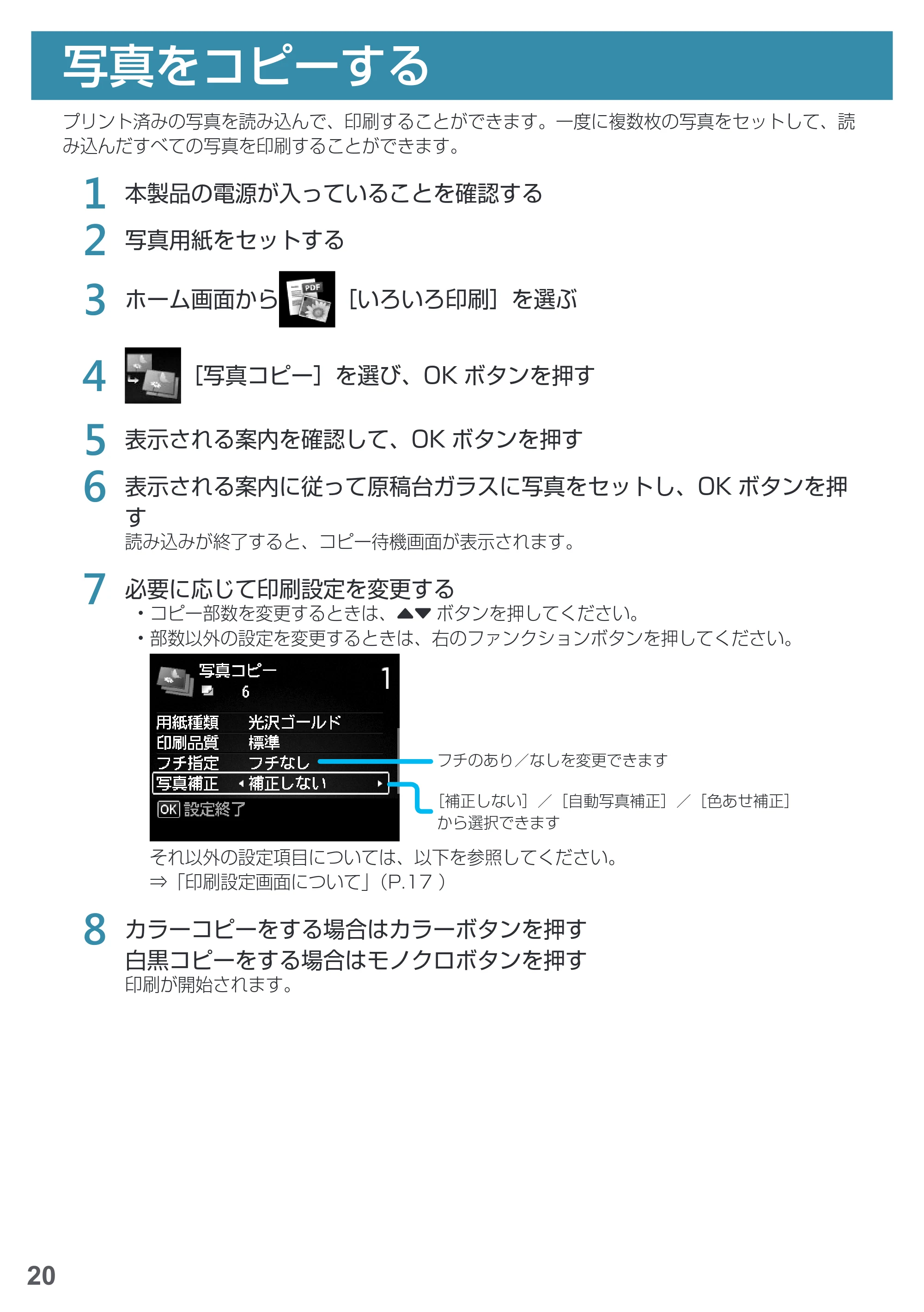 キヤノン PIXUS MG6930 基本操作マニュアル(PDF:4.18MB) — 写真をコピーする — 原本ページ — 22ページ
