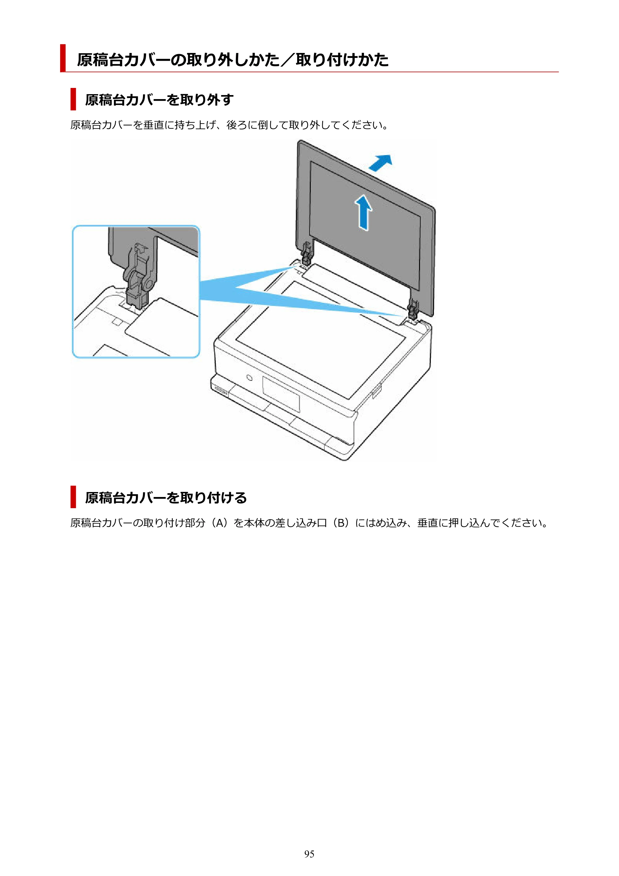 キヤノン PIXUS TS8730 PIXUS TS8730 (PDF) オンラインマニュアル 取扱説明書 2026年3月19日掲載（PDF：7.3MB） — 原稿台カバーの取り外しかた／取り付けかた — 原本ページ — 95ページ