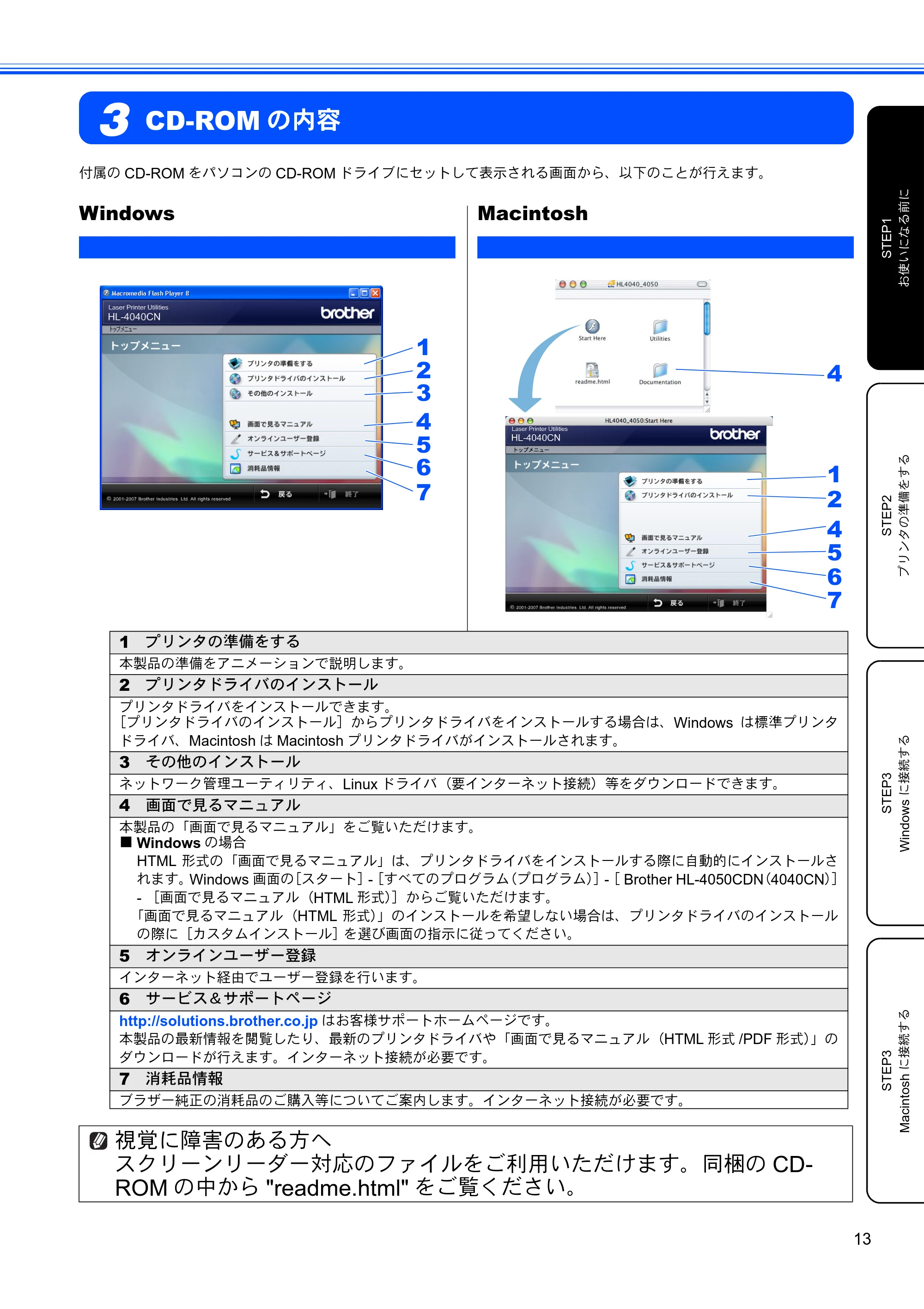 ブラザー HL-4040CN / HL-4050CDN かんたん設置ガイド — 3 CD-ROMの内容 — 原本ページ — 15ページ