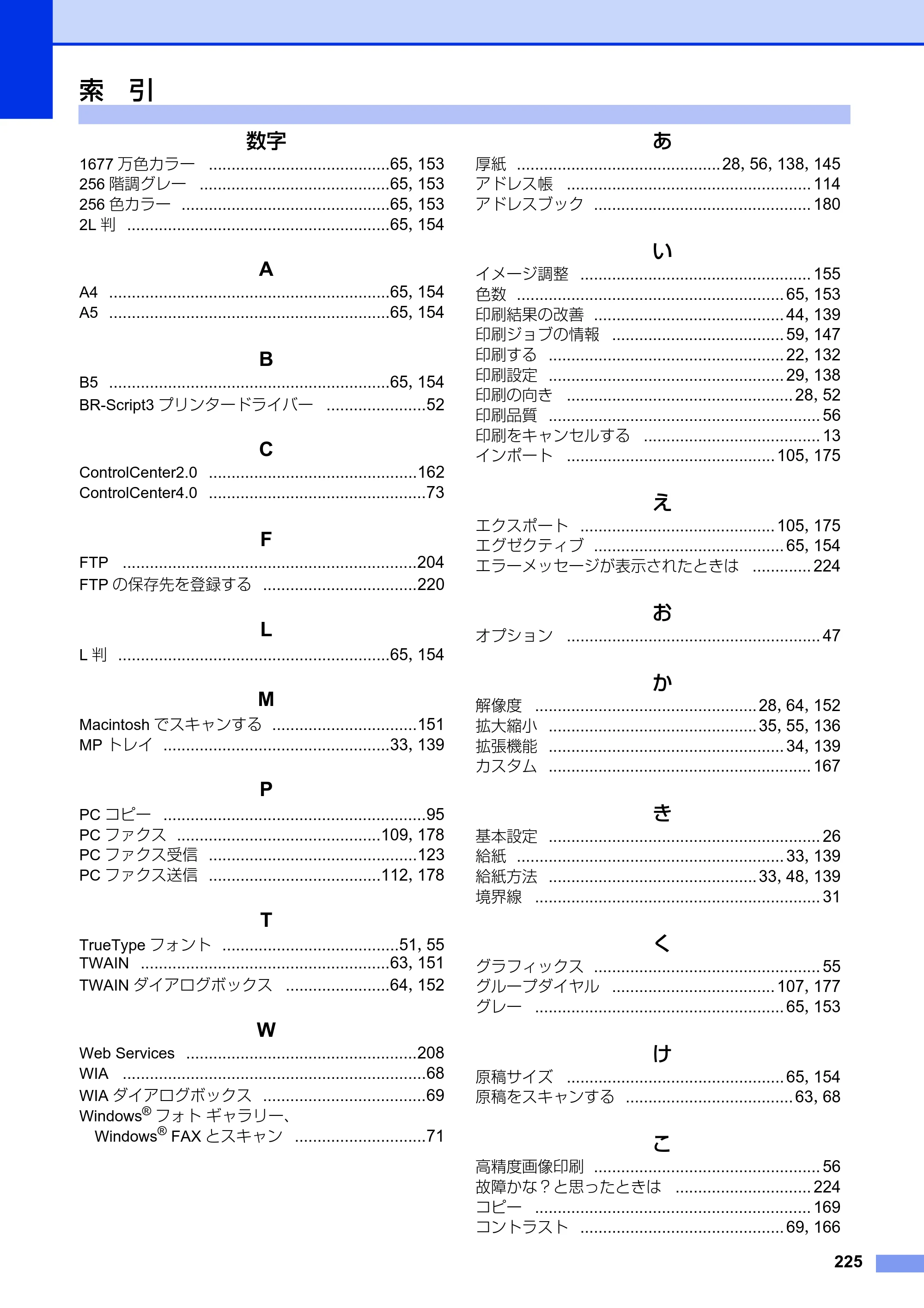 ブラザー MFC-8520DN / MFC-8950DW ユーザーズガイド ～パソコン活用編～ — 索 引 — 原本ページ — 226ページ