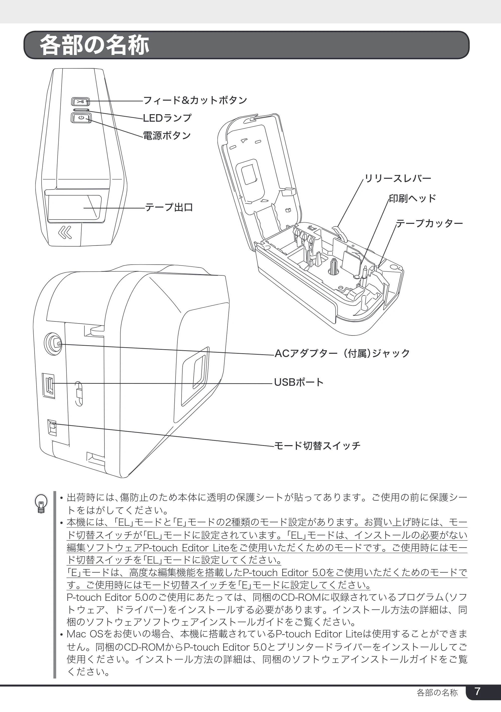 ブラザー PT-2430PC 取扱説明書 (ユーザーズガイド) — 各部の名称 — 原本ページ — 7ページ