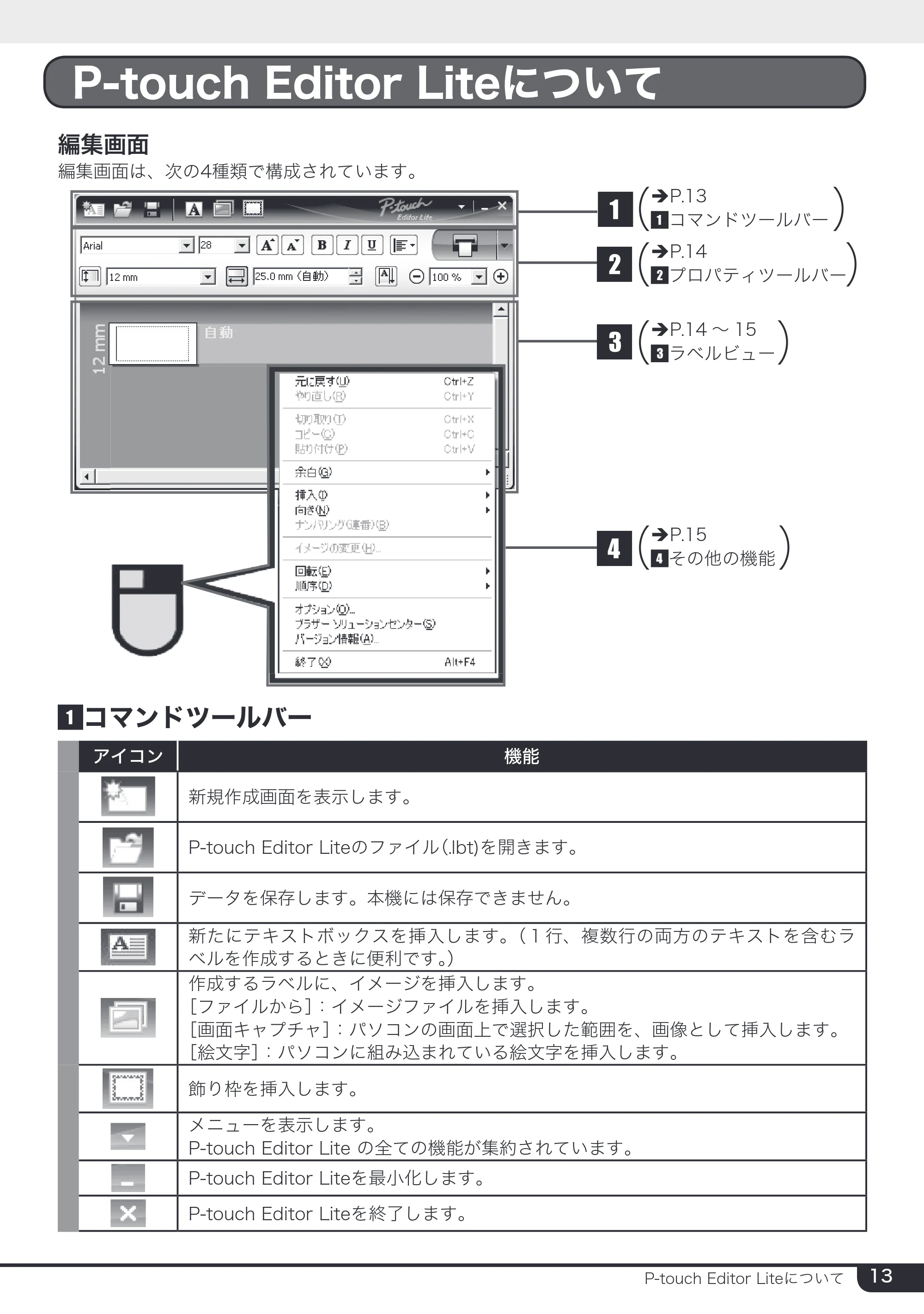 ブラザー PT-2430PC 取扱説明書 (ユーザーズガイド) — P-touch Editor Liteについて — 原本ページ — 13ページ