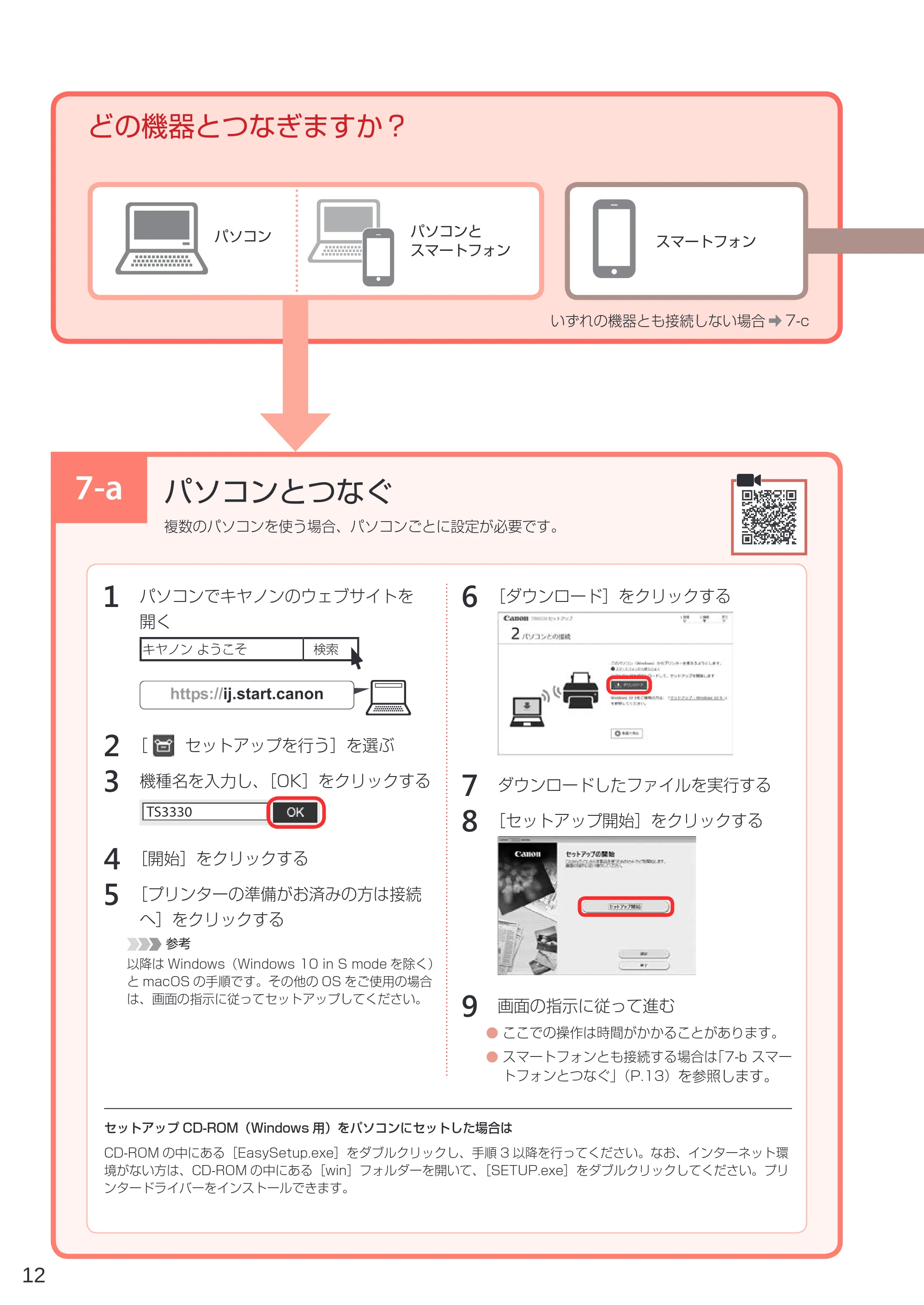 キヤノン PIXUS TS3330 設置・基本操作マニュアル 2020年3月19日掲載（PDF：3.13MB） — 7-a. パソコンとつなぐ — 原本ページ — 14ページ