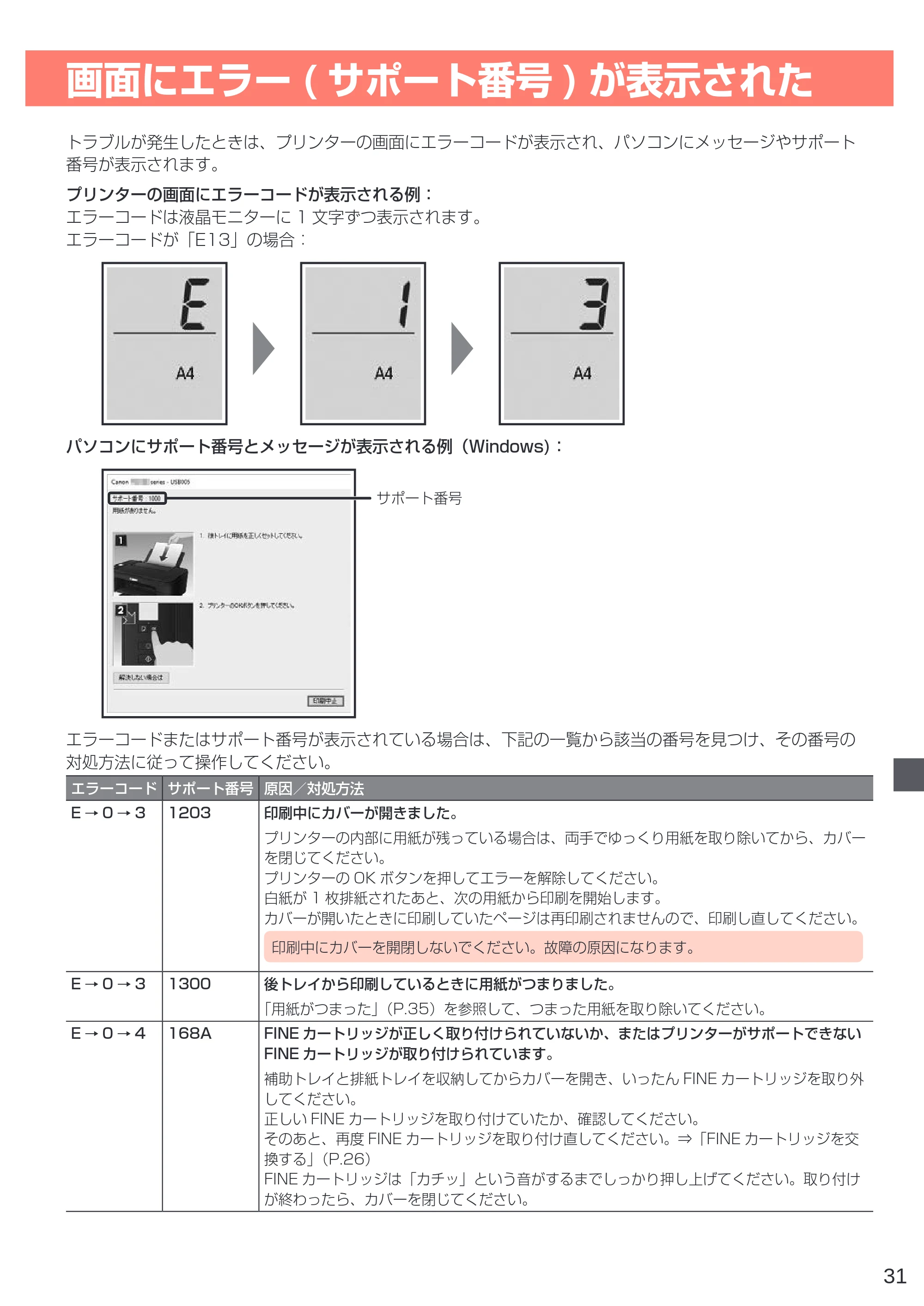 キヤノン PIXUS TS3330 設置・基本操作マニュアル 2020年3月19日掲載（PDF：3.13MB） — 画面にエラー(サポート番号)が表示された — 原本ページ — 33ページ
