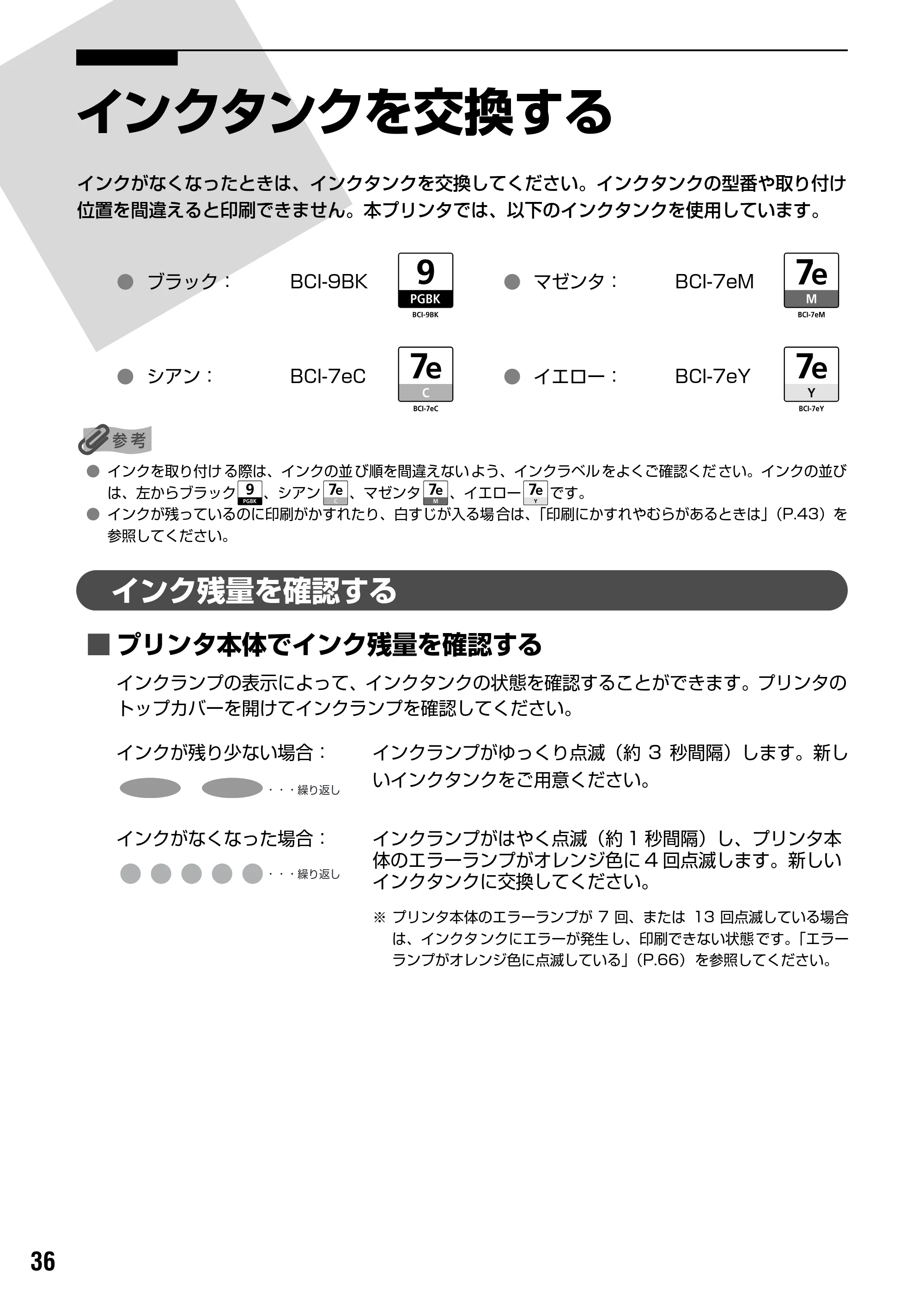 キヤノン PIXUS iX5000 基本操作ガイド （PDF形式／18.7Mバイト） — 交換が必要な場合 — 原本ページ — 38ページ