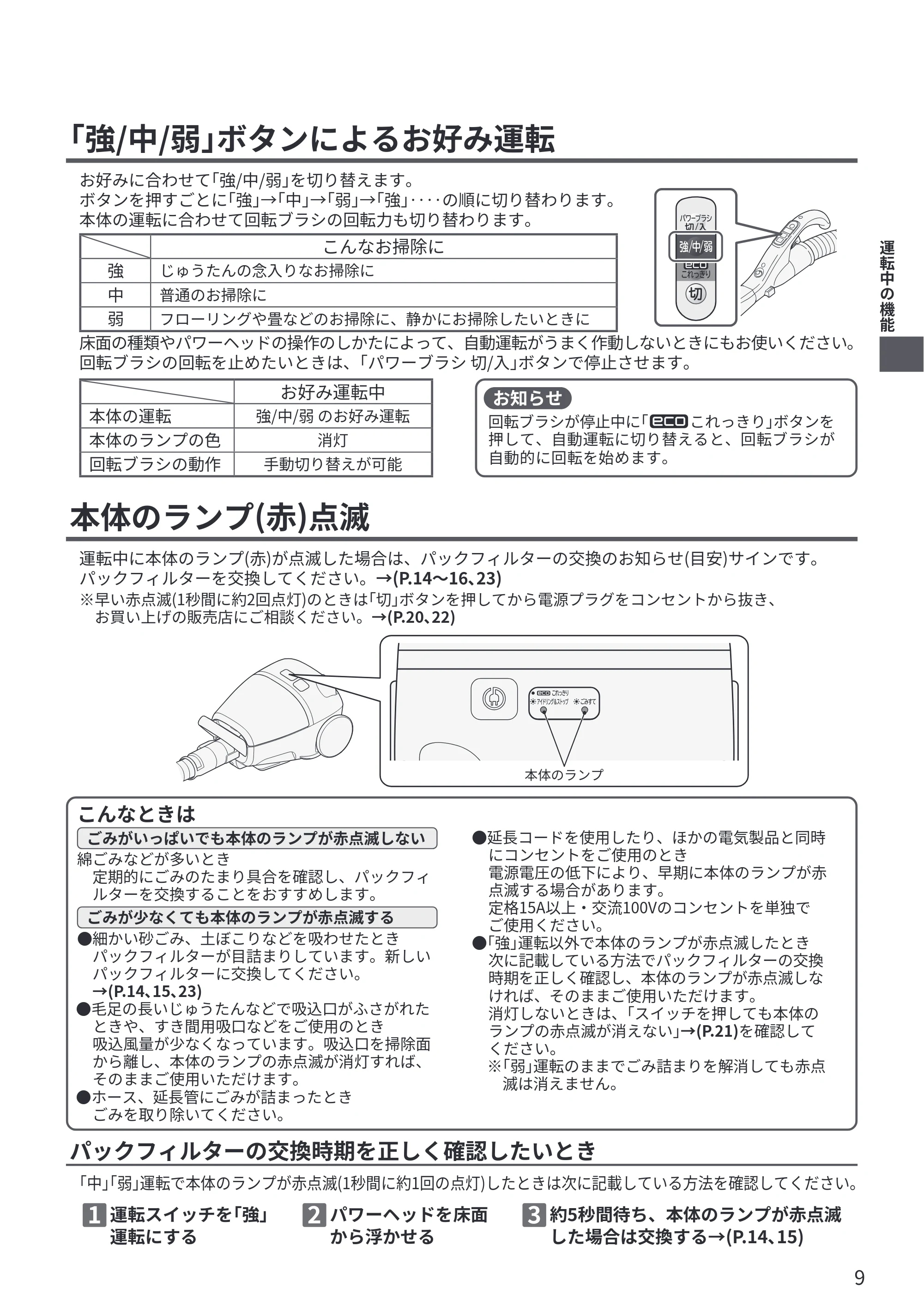 日立 CV-KP300R 取扱説明書 — 「強/中/弱」ボタンによるお好み運転 — 原本ページ — 9ページ