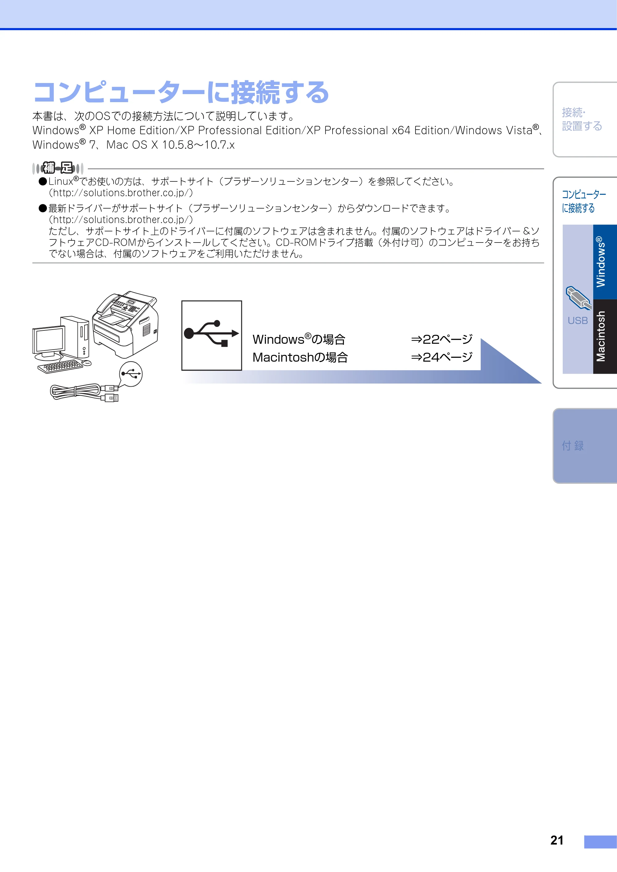ブラザー FAX-2840 かんたん設置ガイド — STEP2 コンピューターに接続する — 原本ページ — 21ページ